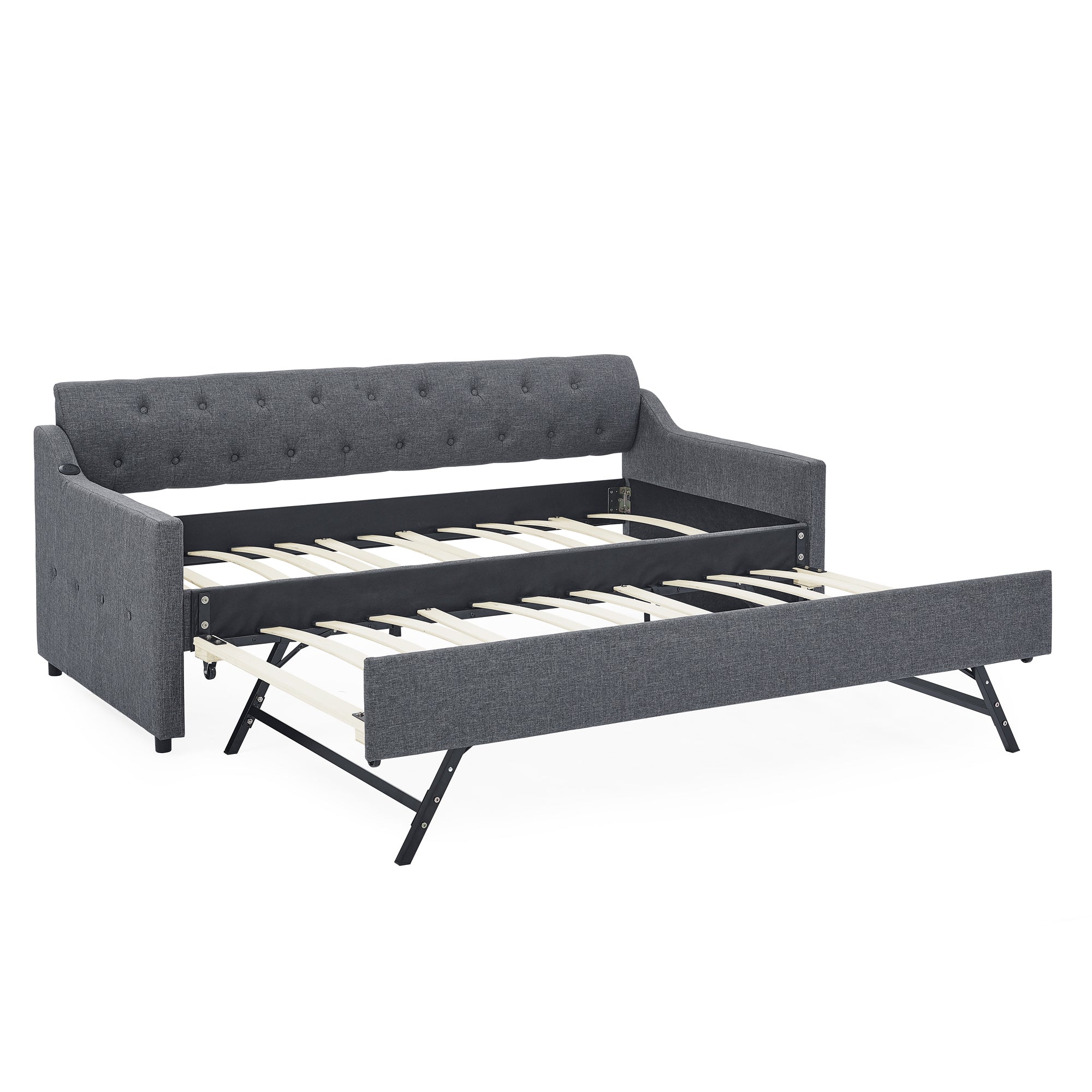 Twin Size Upholstered Daybed with Trundle and USB Charging, Dark Gray Linen Main image