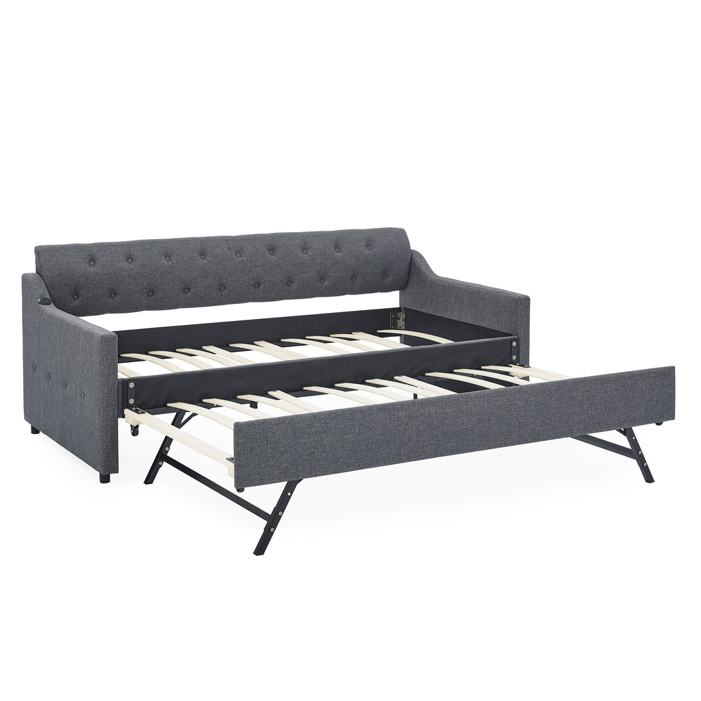 Twin Size Upholstered Daybed with Trundle and USB Charging, Dark Gray Linen