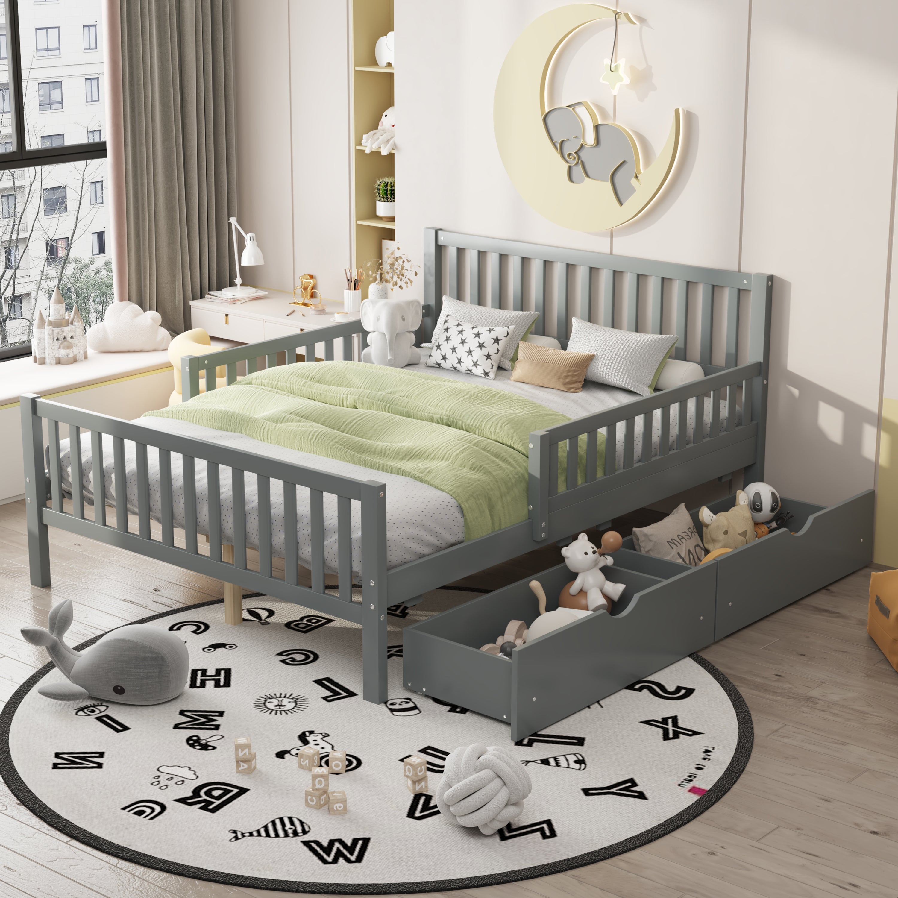 Full Size Wood Platform Bed with Guardrails on Both Sides and Two Storage Drawers, Gray Main image