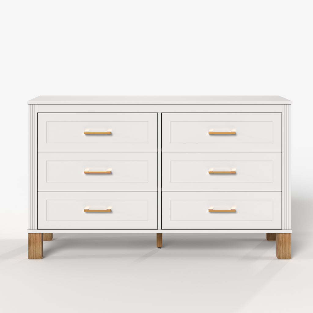 Modern 6-Drawer White Dresser with Solid Wood Legs and Metal Handles, Heavy-Duty Storage Cabinet for Kids Bedroom or Living Area