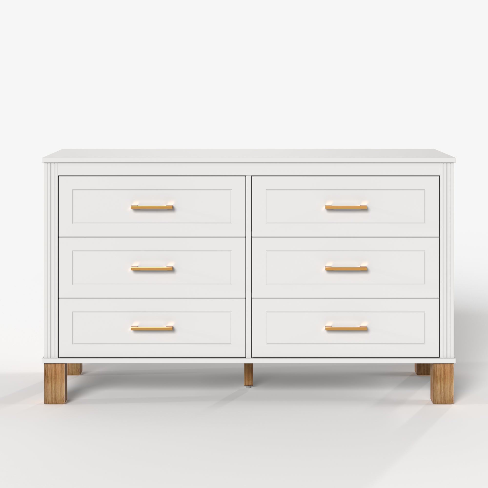 Modern 6-Drawer White Dresser with Solid Wood Legs and Metal Handles, Heavy-Duty Storage Cabinet for Kids Bedroom or Living Area
