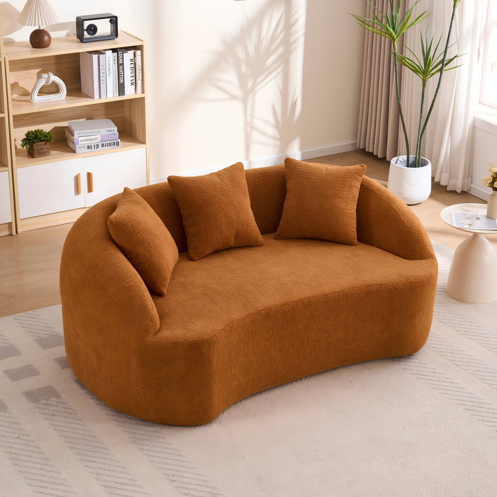 LY-049S Curved Modern Boneless Sofa Loveseat, Backrest Upgrade, 2-Seater Orange Chenille Compression Couch with 3 Pillows, Minimalist Modular Couches for Living Room, Office, Apartment, Guest Room