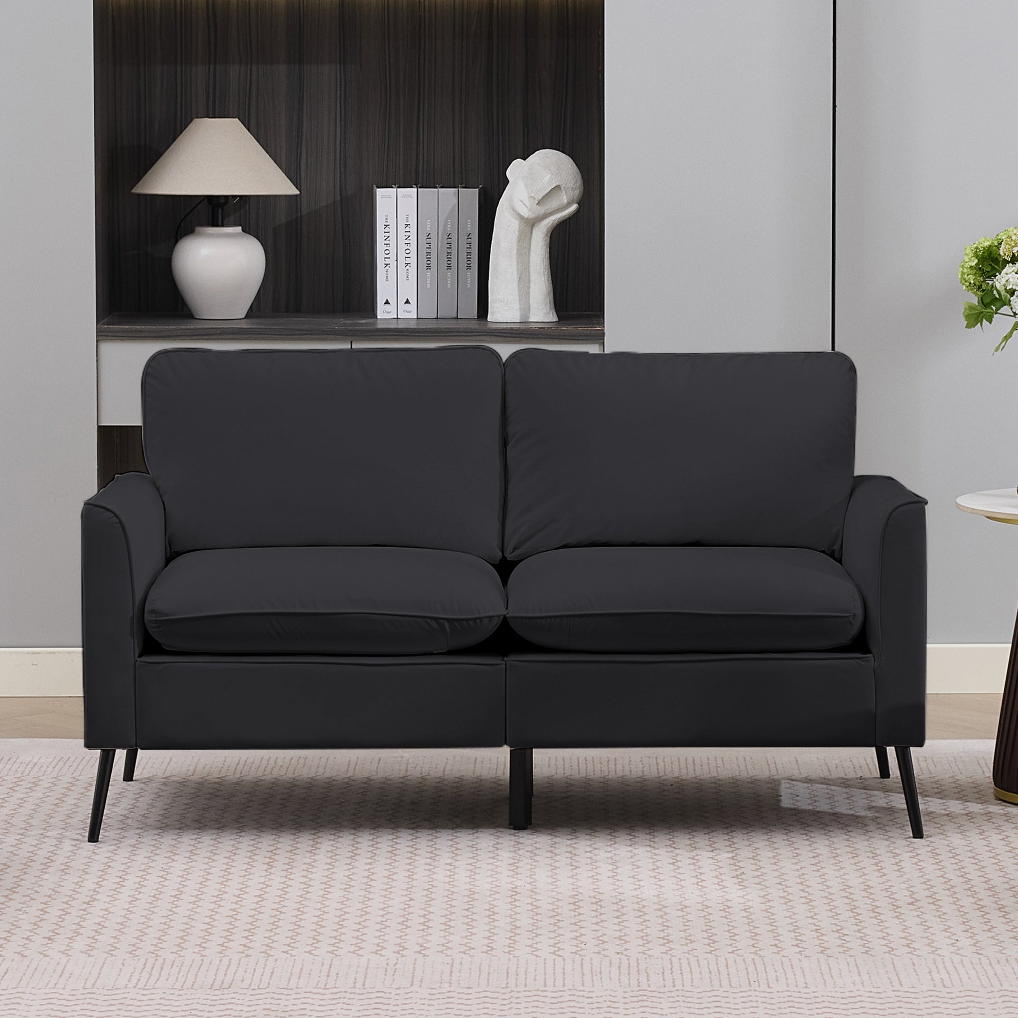 TS Nordic Retro Leather Upholstered Sofa Loveseat, Light Luxury Single Chair in Black with Breathable Faux Leather and Soft Cushions Secondary image
