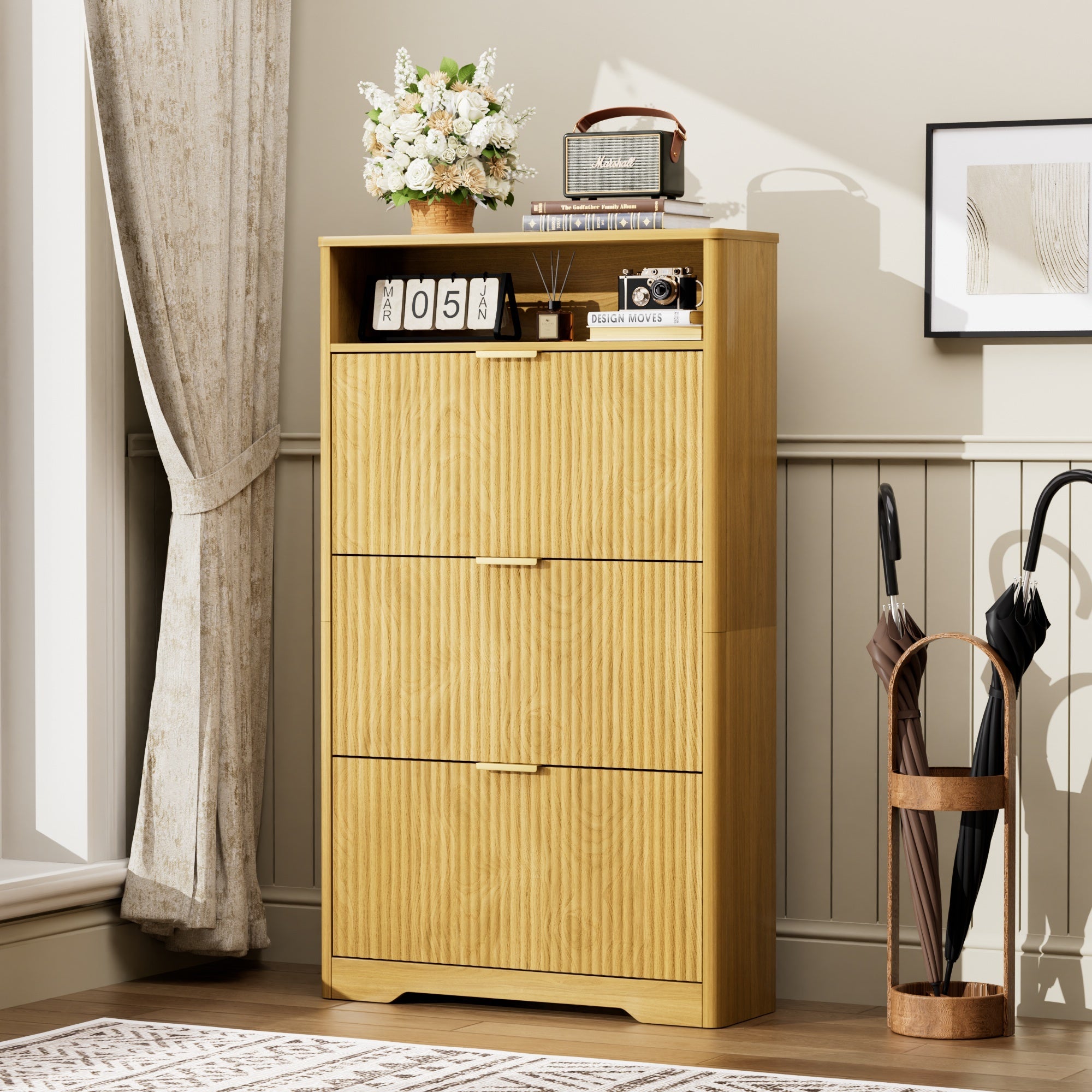 Shoe Cabinet Storage for Entryway Hidden Shoes Storage Cabinet with 3 Flip Drawers, Tall Free Standing Shoe Organizer Rack for Foyer, Hallway. Natural,31.6'' L x 9.6'' W x 54.4'' H. Main image