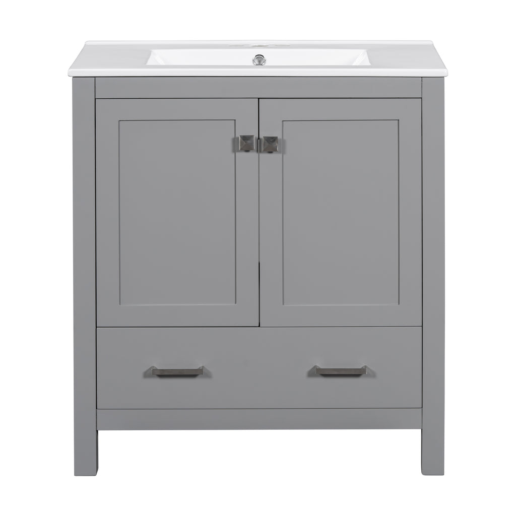 Transitional 30' Gray Bathroom Vanity with Single Sink, Solid Wood Frame, Soft Closing Storage
