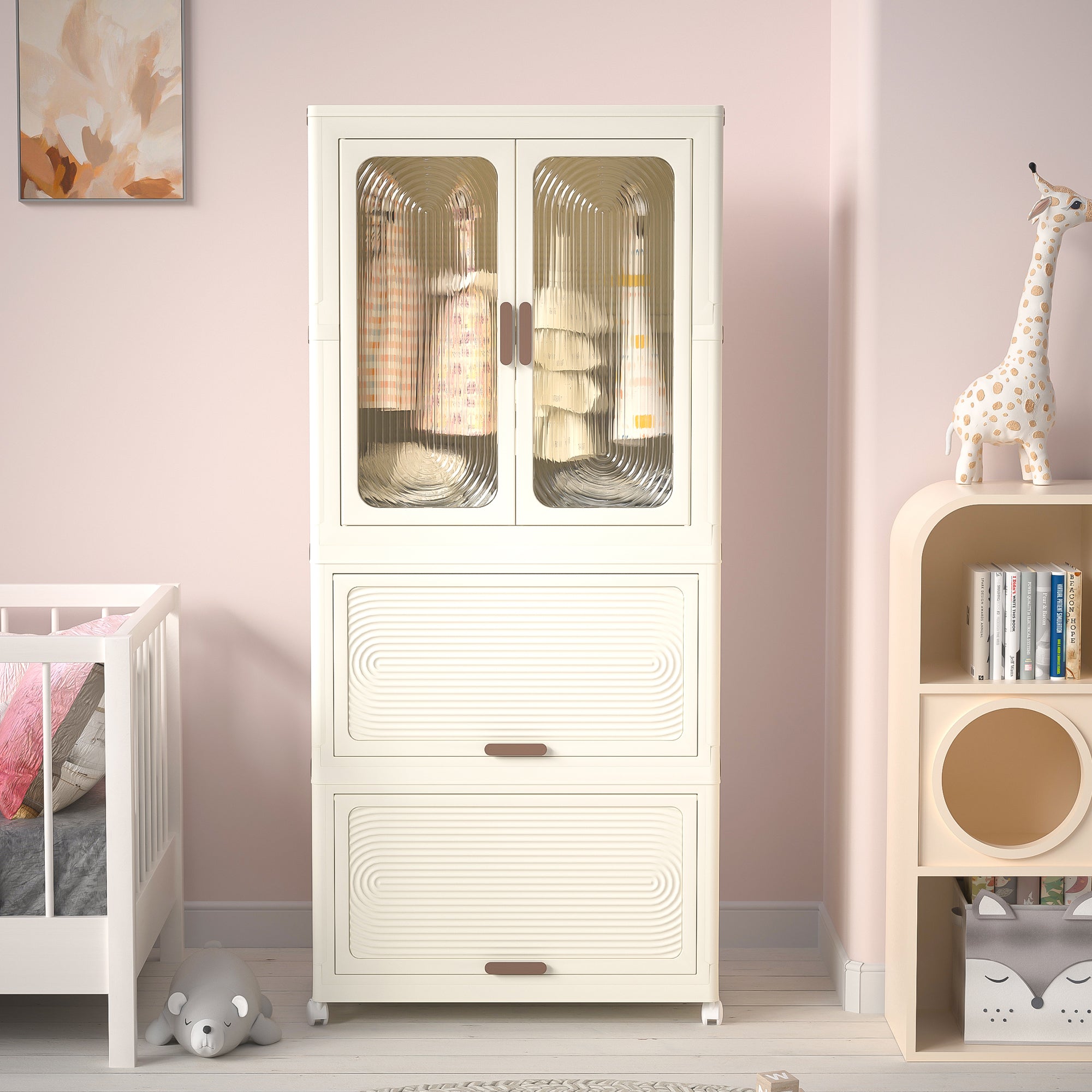 Portable Wardrobe Closet Storage Organizer with Magnetic Doors and Hanging Rod, Cream White Secondary image