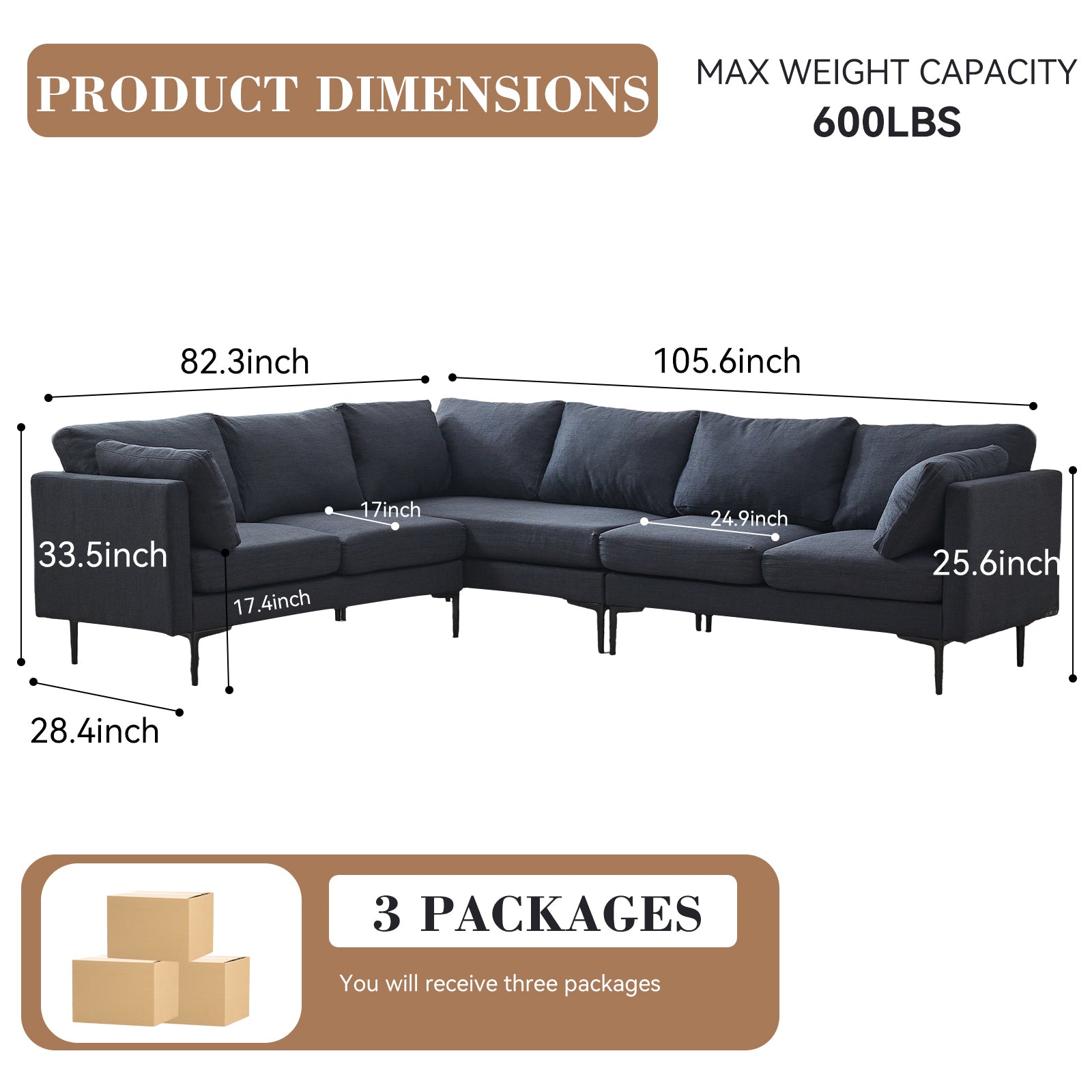 106' W Sectional L Shaped Sofa Couch Set for Living Room, Convertible Oversized 6-Seat Corner Sofa Sets with 2 Pillows, Modern Linen Sofas with Metal Legs for Living Room Apartment Secondary image