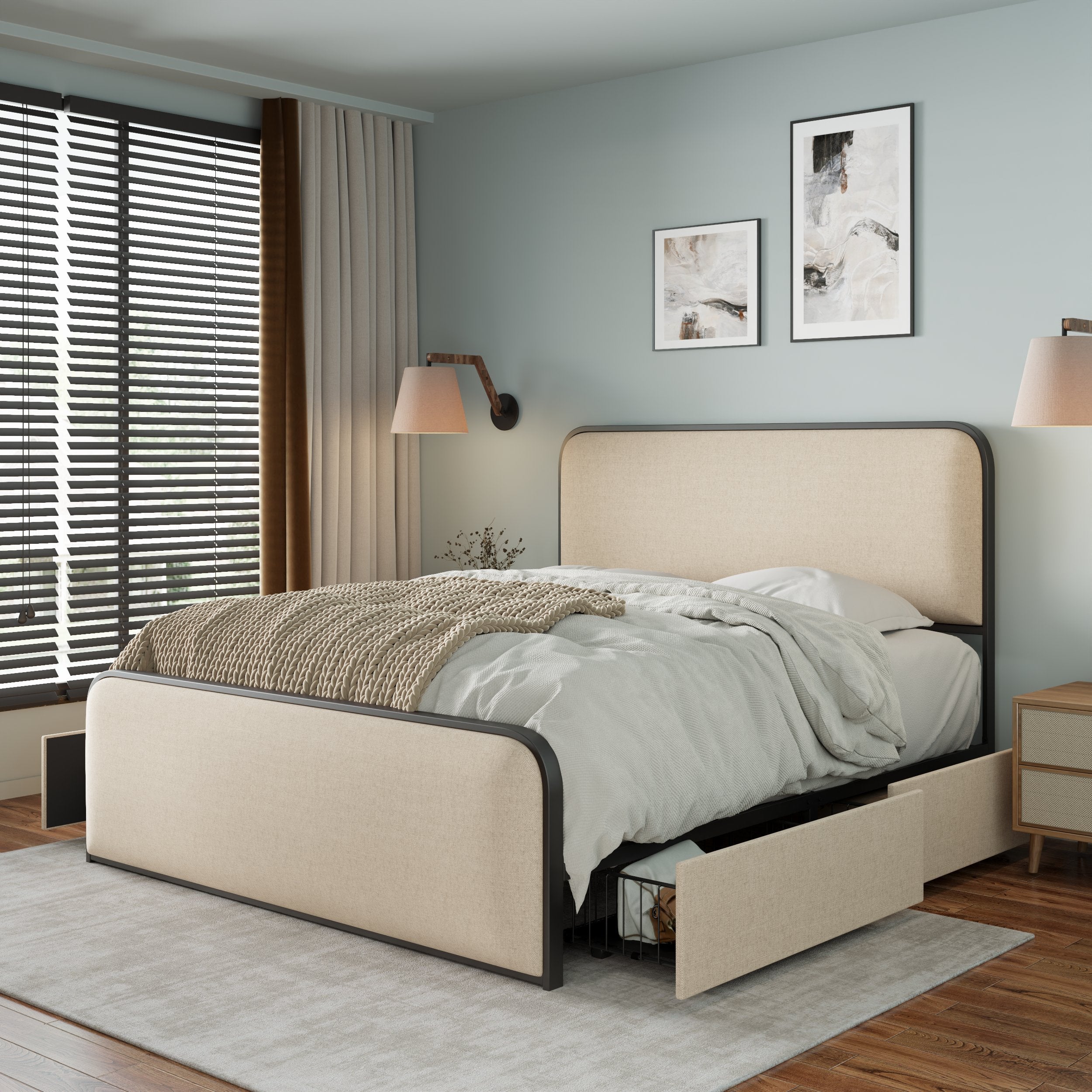 Modern Metal Bed Frame with Curved Upholstered Headboard and Footboard, 4 Storage Drawers, Heavy Duty Metal Slats, Queen Size, Beige Secondary image