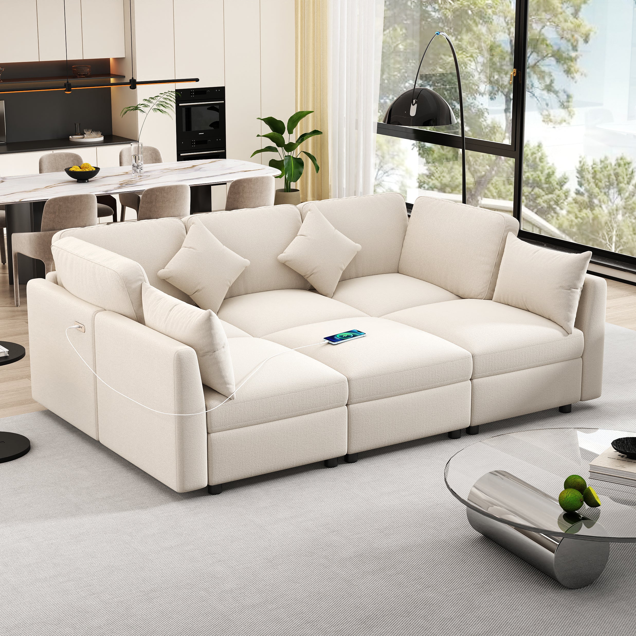 Beige Sectional Sofa Modular U-shaped with Ottoman & USB Ports, Chenille Fabric, 86.6' Secondary image