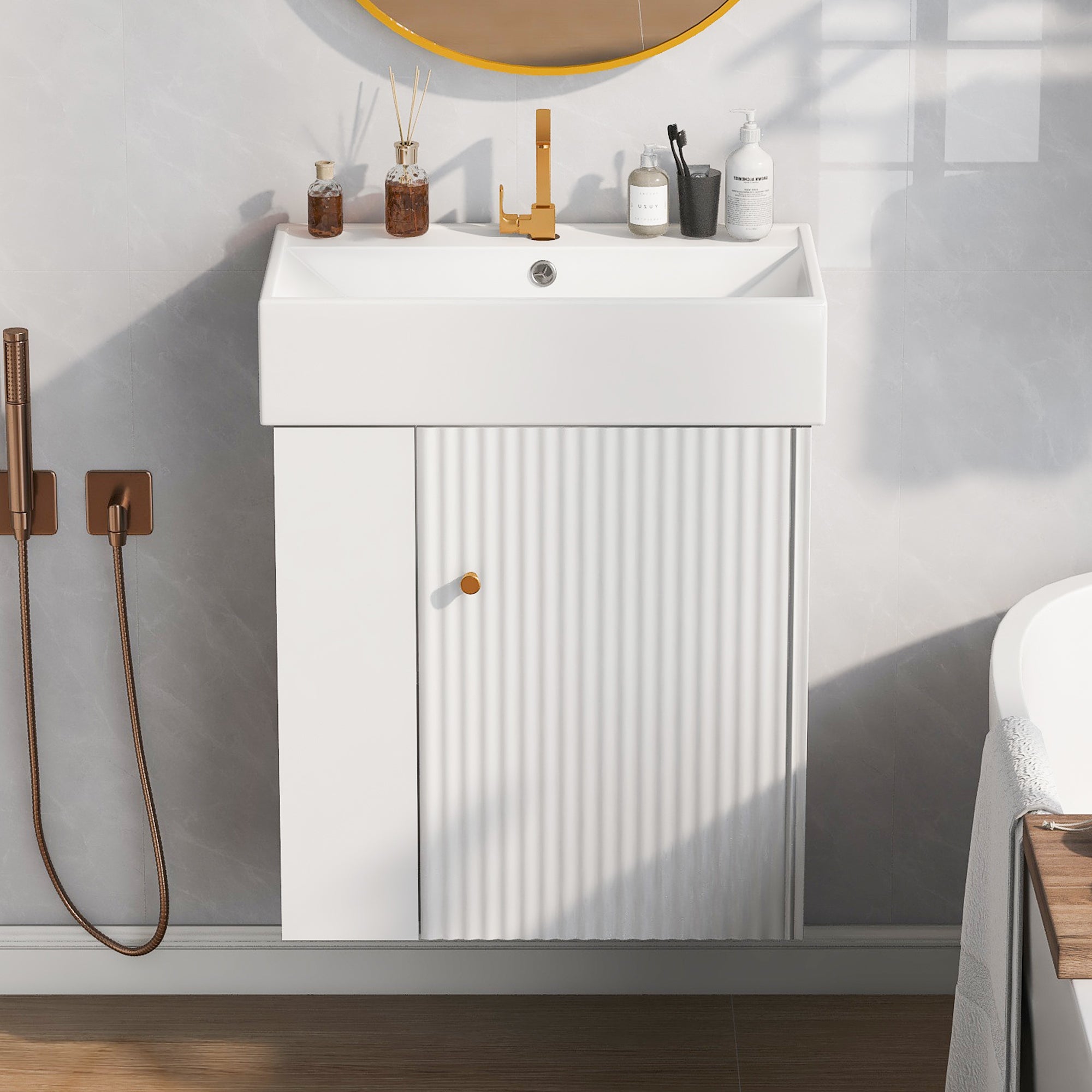 Modern Floating Bathroom Vanity with Ceramic Basin, Left Side Storage, White, 21.6 inches Secondary image