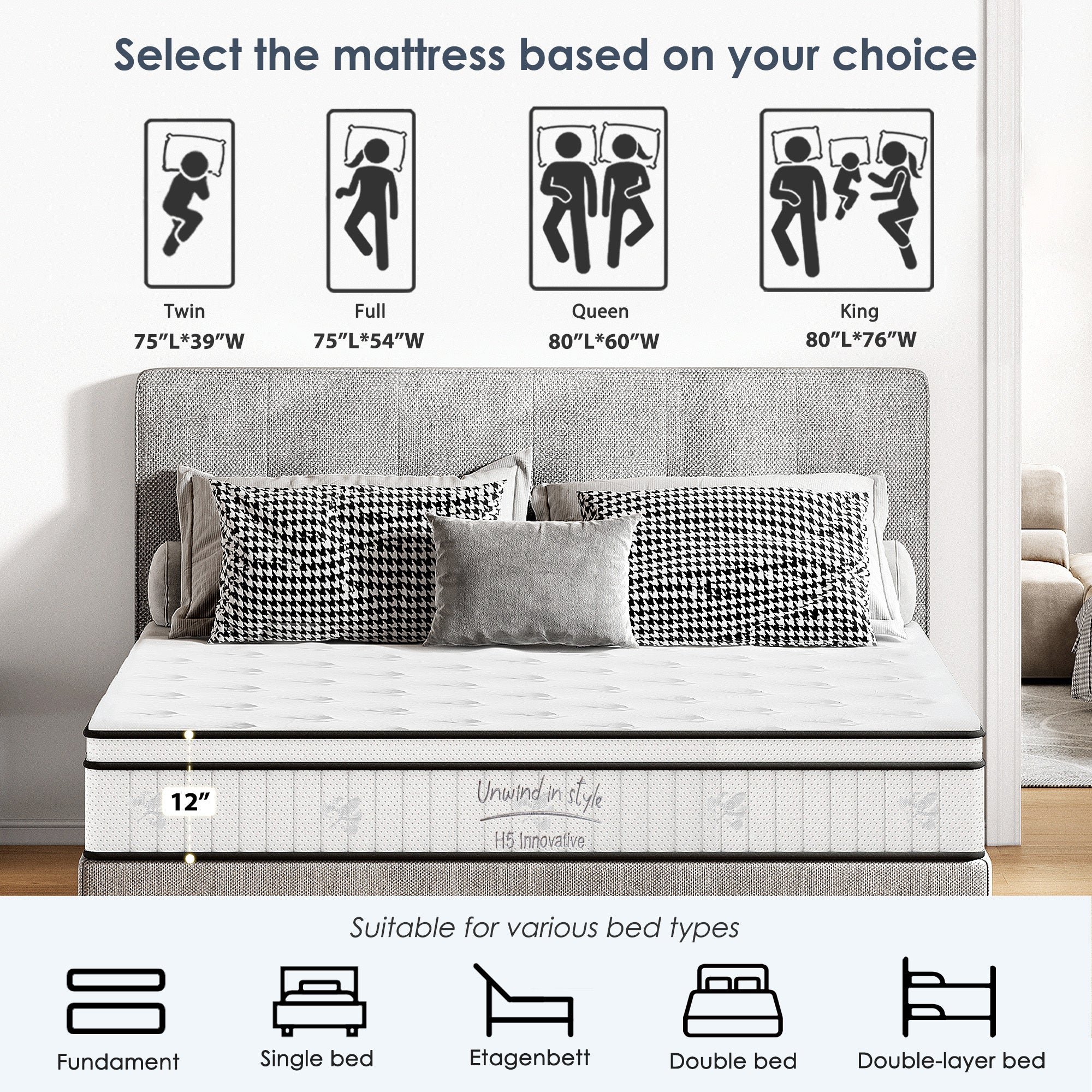Queen Size Mattress,12 Inch Hybrid Mattress, Individually Pocketed Innerspring, Medium Firm Secondary image