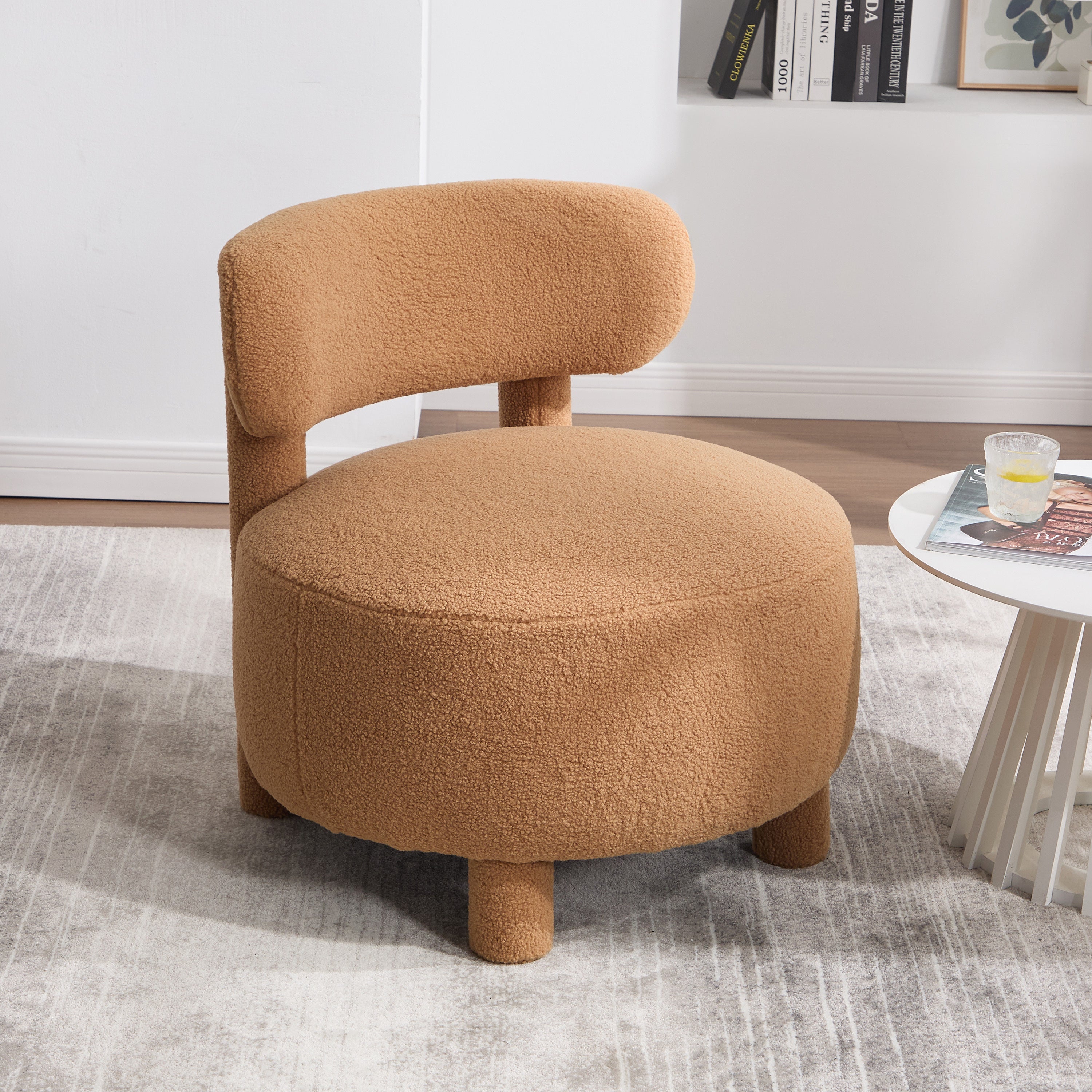 063-Teddy Fabric armless accent chair with curved backrest and solid wooden legs upholstered chair slipper side chair  for primary living space bedroom vanity room or reading room ,Khaki Main image