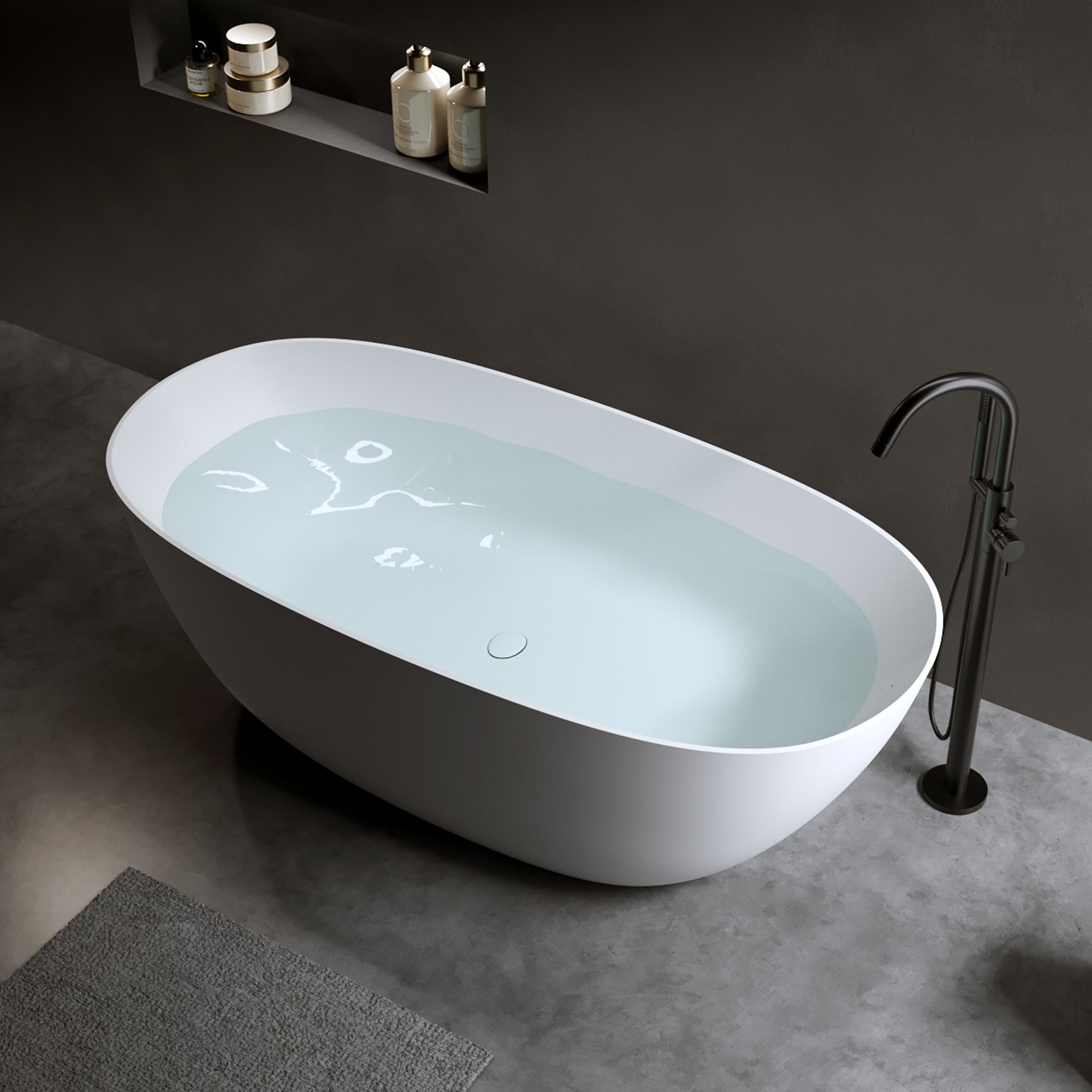 57″Solid Surface Matte Tub, Solid Surface Soaking Tub, Stone Resin Freestanding Bathtub, Thick Edge Stand Alone Tubs with Overflow, Pop-up Drain, Matte White (Oval) Secondary image