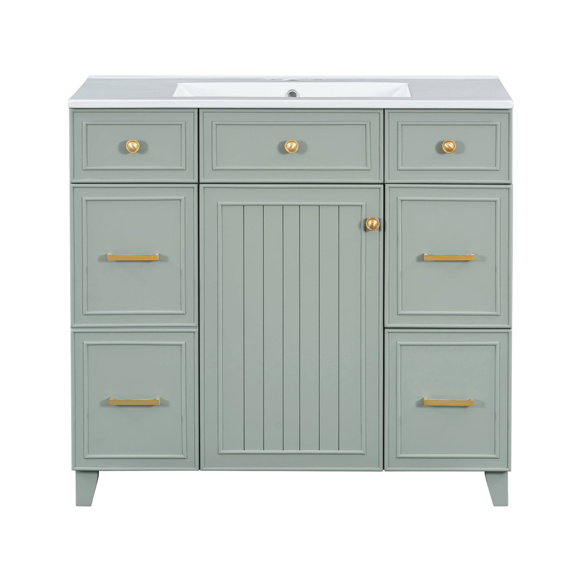 Transitional Green 36-Inch Bathroom Vanity with Ceramic Sink, Solid Wood Frame, Soft Close Doors, Adjustable Shelves, and Hairdryer Storage Main image