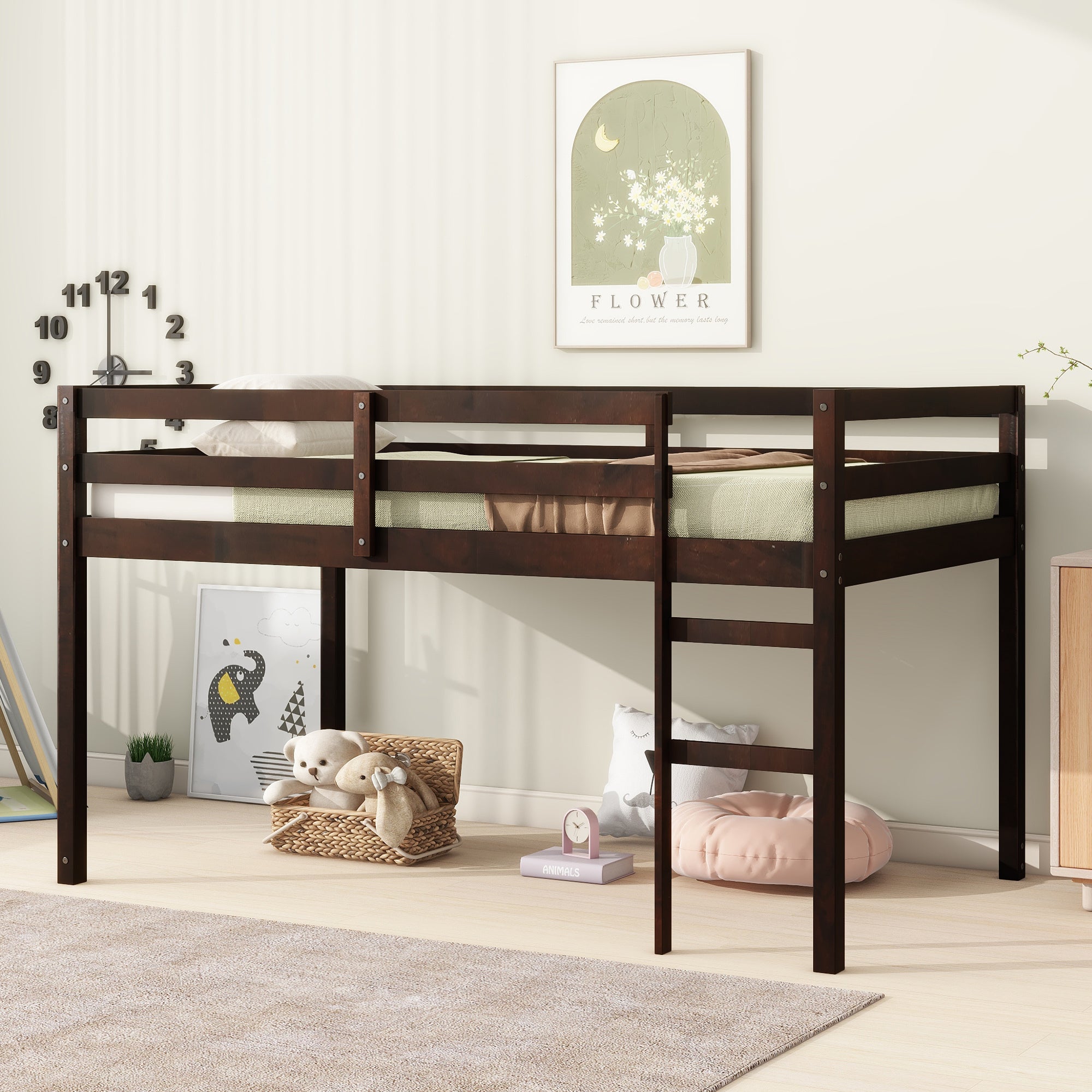 Solid Wooden, Rubber Wooden Twin Loft Bed with Ladder, Bed Platform of Strengthened Slats , Espresso Secondary image