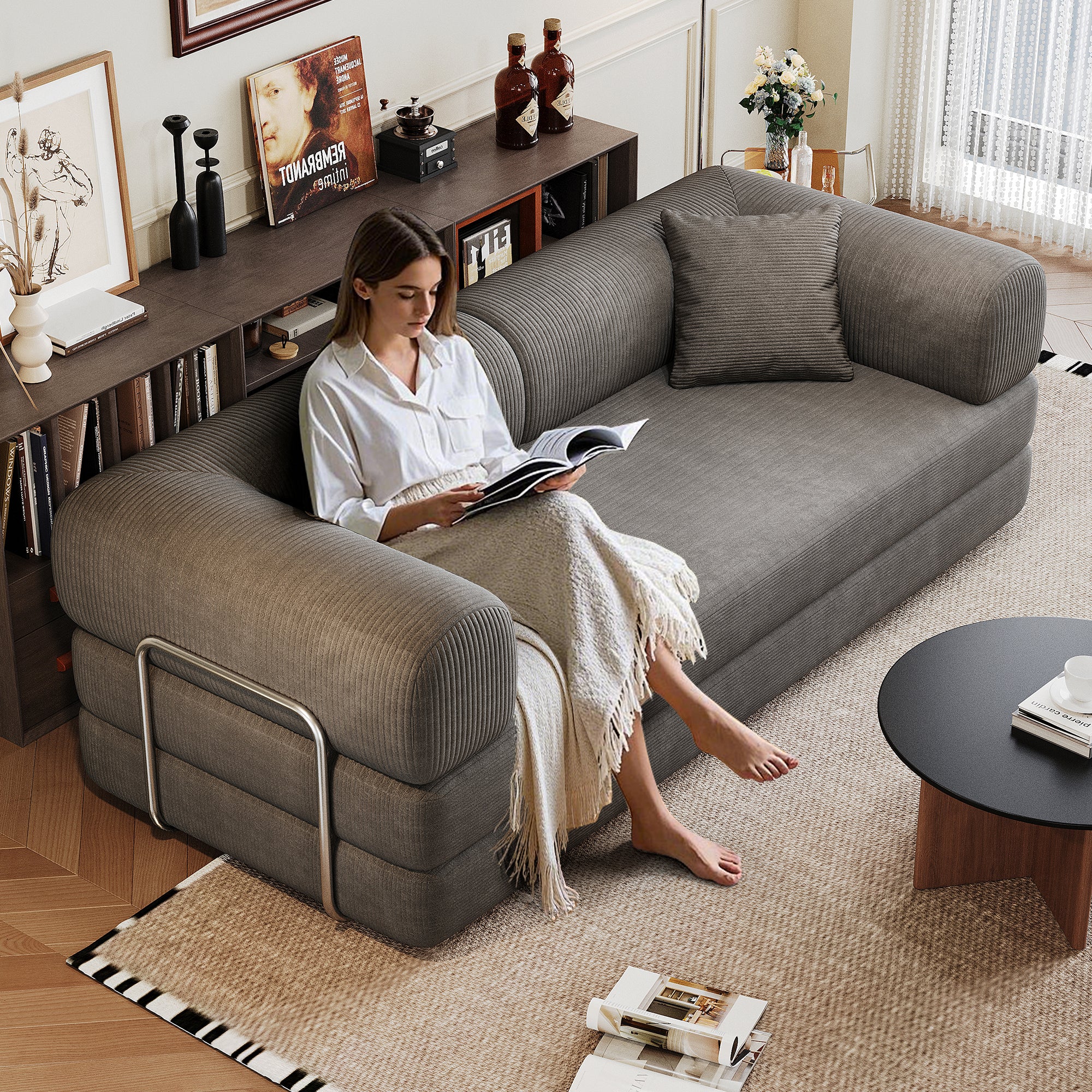 78.8' Compression Sofa,Convertible Floor Sofa Bed-with Pillow Back Support Armrest,Comfy Futon Couch Sleeper Bed,Loveseats Boneless Modular Sectional Sofa,Corduroy fabric,for Living Room,Bedroom,Grey Main image