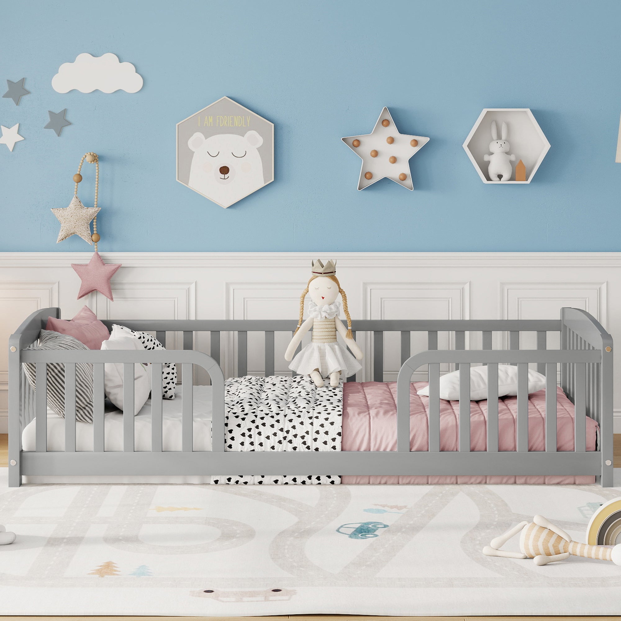 Twin Size Floor Fence Bed with Central Entrance,Pine Wood Floor bed with Guardrails,Grey Main image