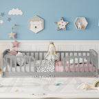 Twin Size Floor Fence Bed with Central Entrance,Pine Wood Floor bed with Guardrails,Grey