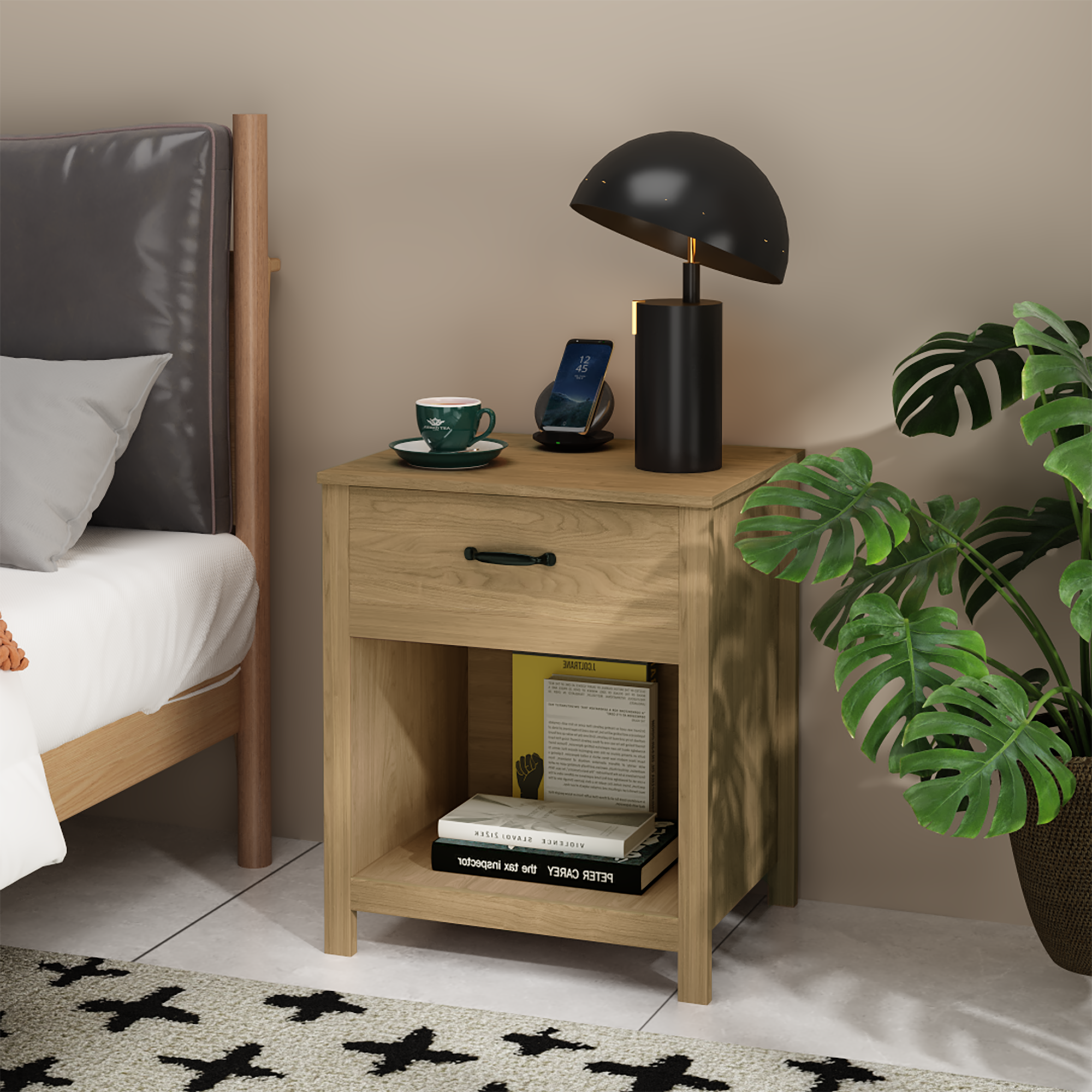 Wood Nightstand with Drawer and Open Shelf, Modern Bedside Table with Storage, Wooden End Table for Bedroom, Living Room or Apartment, Natural Finish, Brown Main image