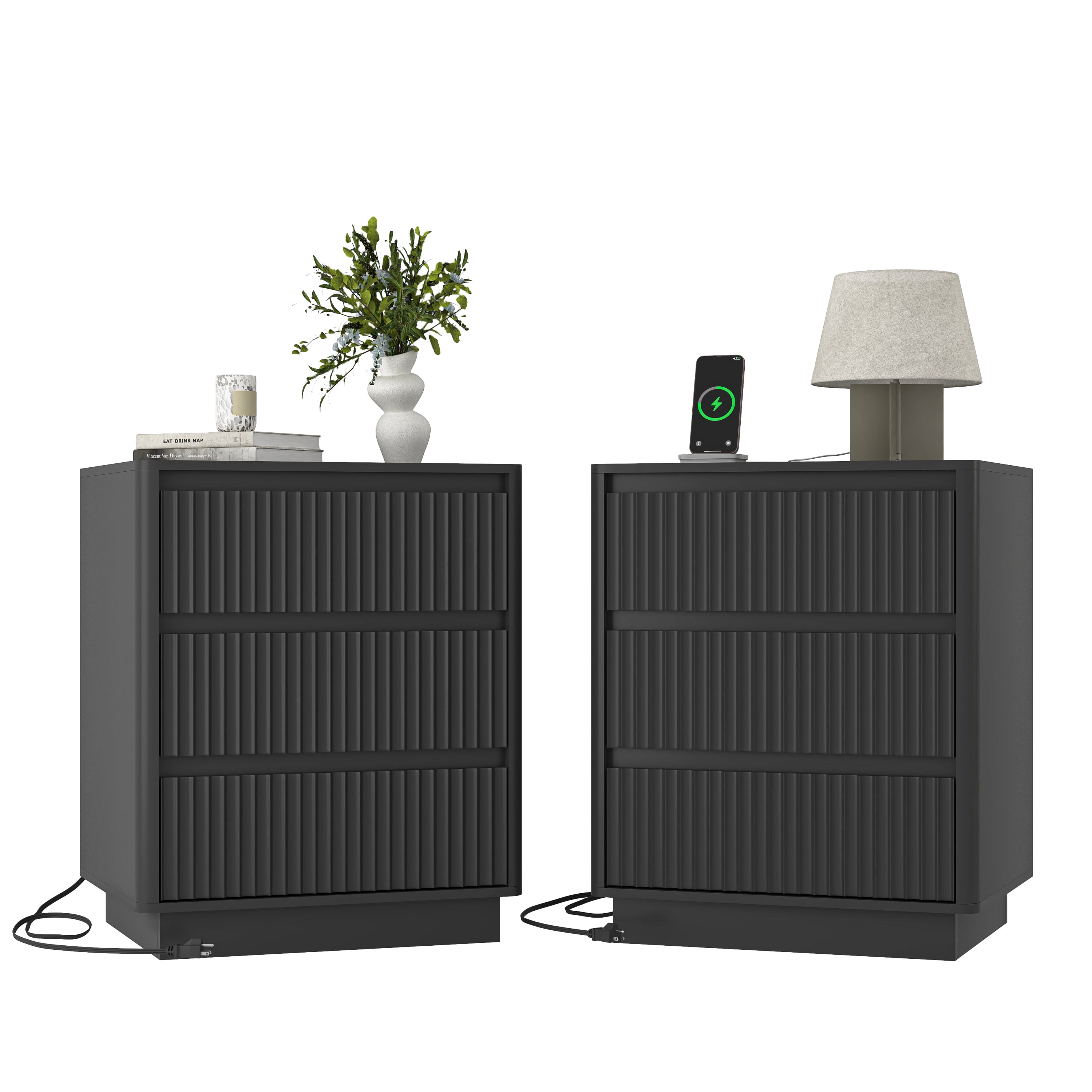 (Set of 2)End Table with Fast USB C Charging Station, Sofa Side Table with 3Drawers, Large Storage Modern Wood Storage Cabinet for Living Room,Bedroom,Office, Black Main image