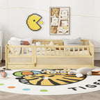 Twin Size Floor bed, integral construction with super high security barrier, door, children's floor bed frame, Montessori wooden children's floor bed, Support  slat Natural Wood(Patented model)