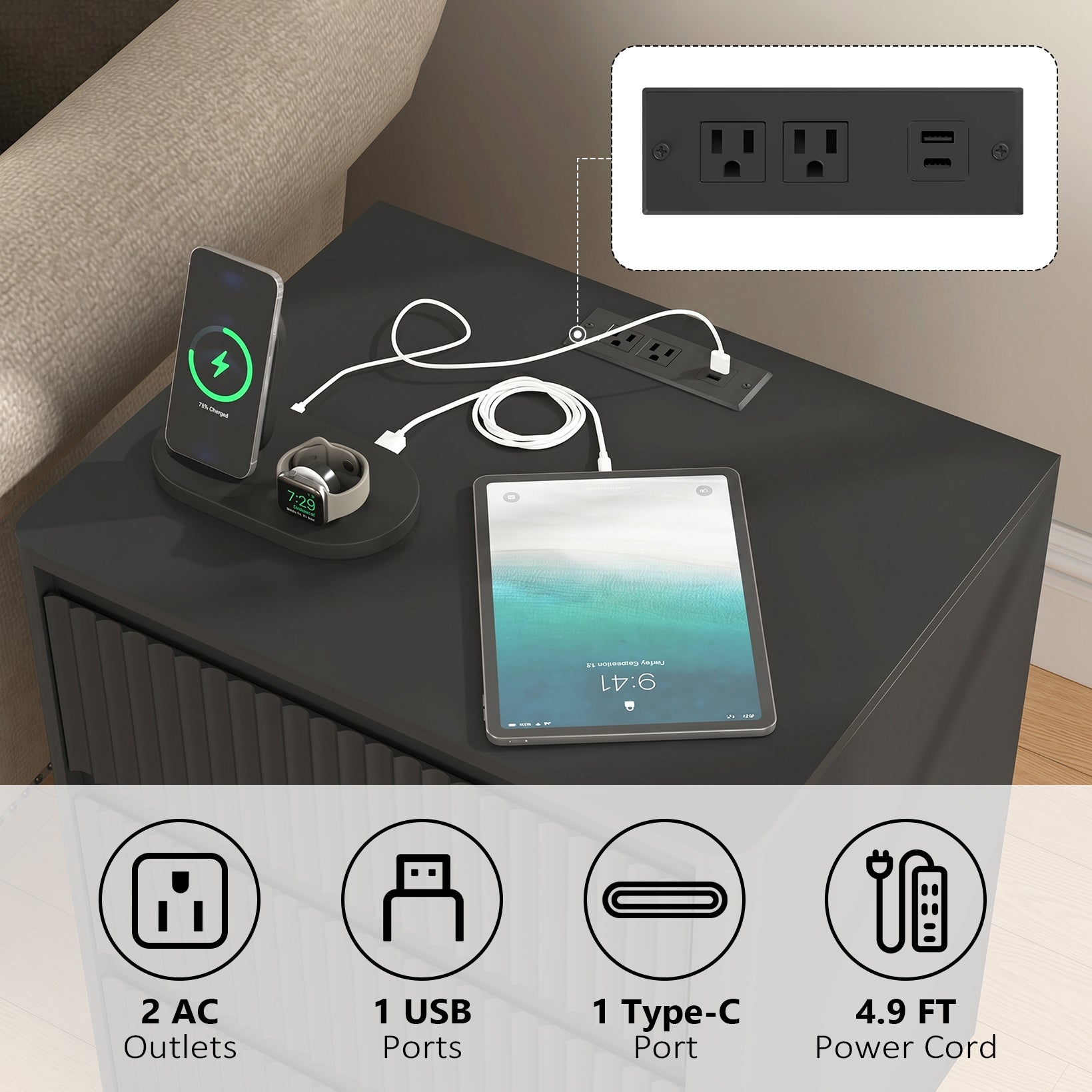 (Set of 2)End Table with Fast USB C Charging Station, Sofa Side Table with 3Drawers, Large Storage Modern Wood Storage Cabinet for Living Room,Bedroom,Office, Black Secondary image