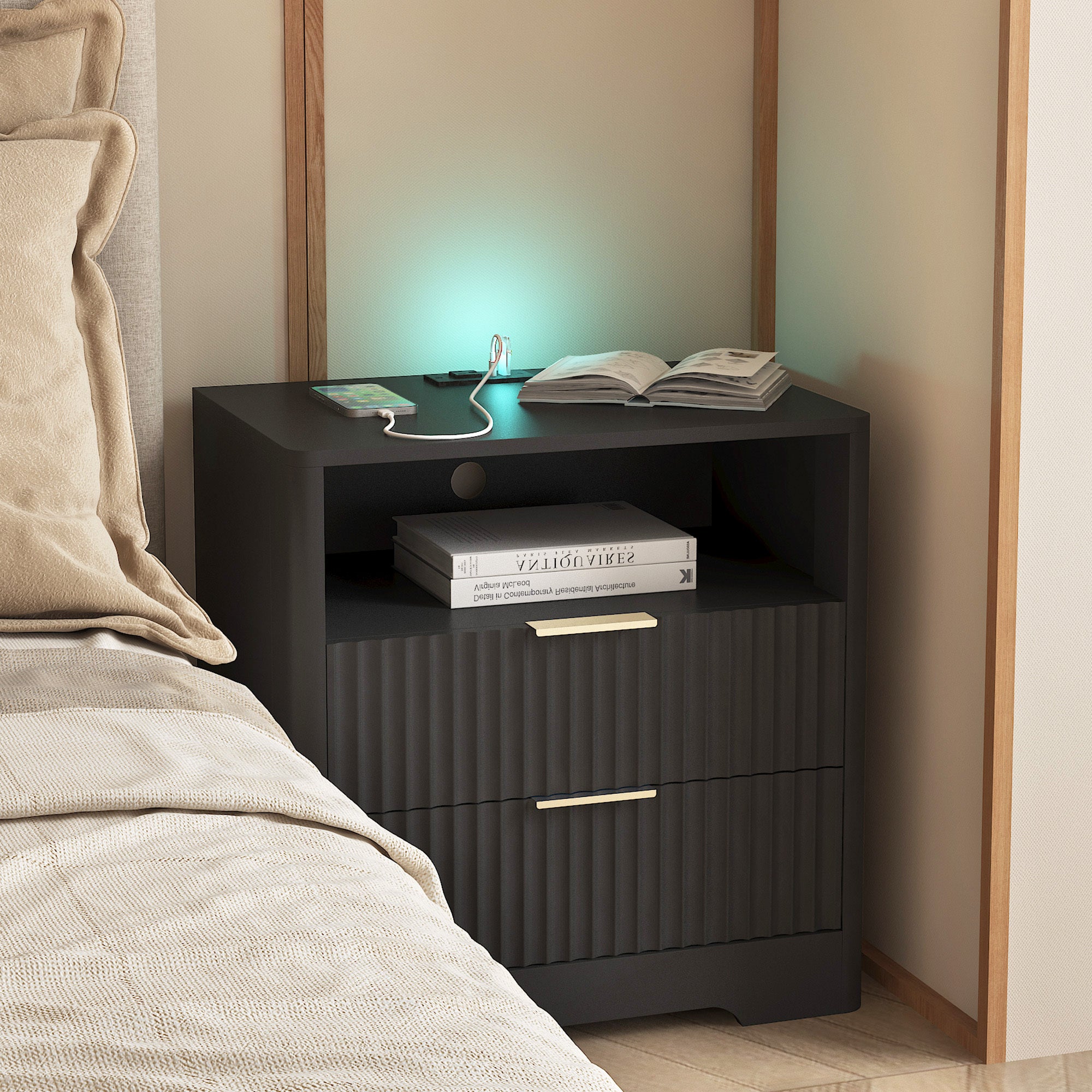 Nightstand with Charging Station, Smart Nightstand with Night Light,Bedside Tables with Storage Cabinet for Bedroom,Black Secondary image