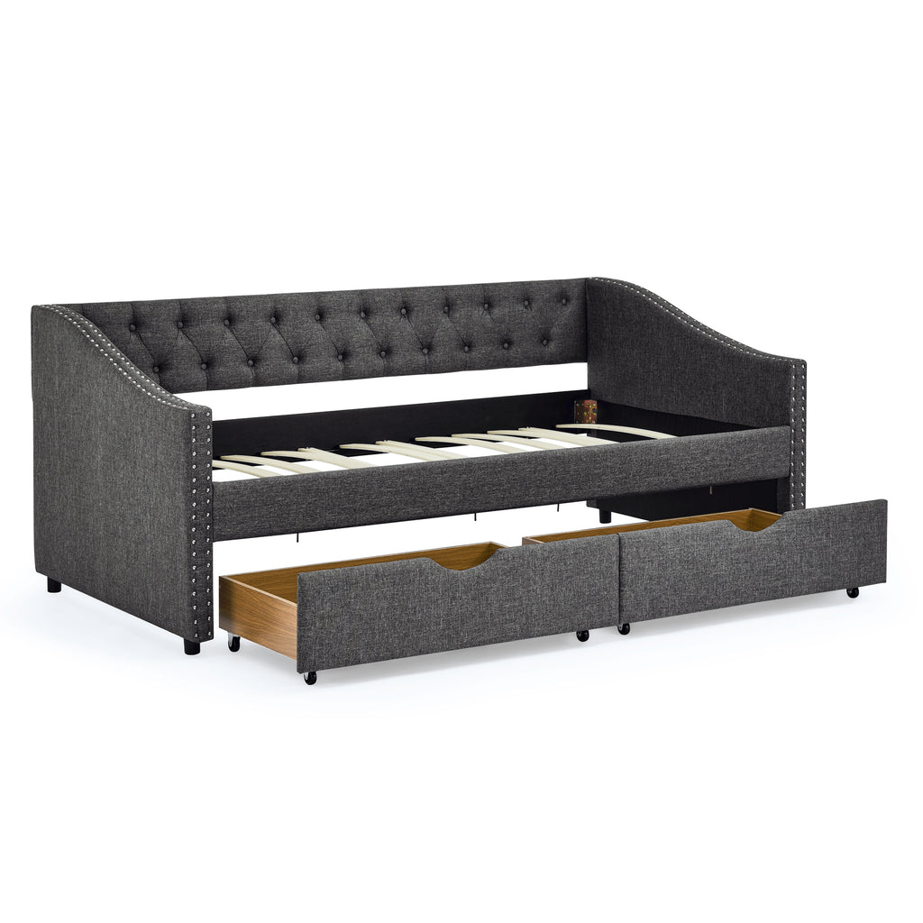 Twin Size Daybed with Drawers Upholstered Tufted Sofa Bed in Dark Grey Linen, Button Back and Copper Nail Trimmed Waved Arms, 81.5''x41''x30.5''