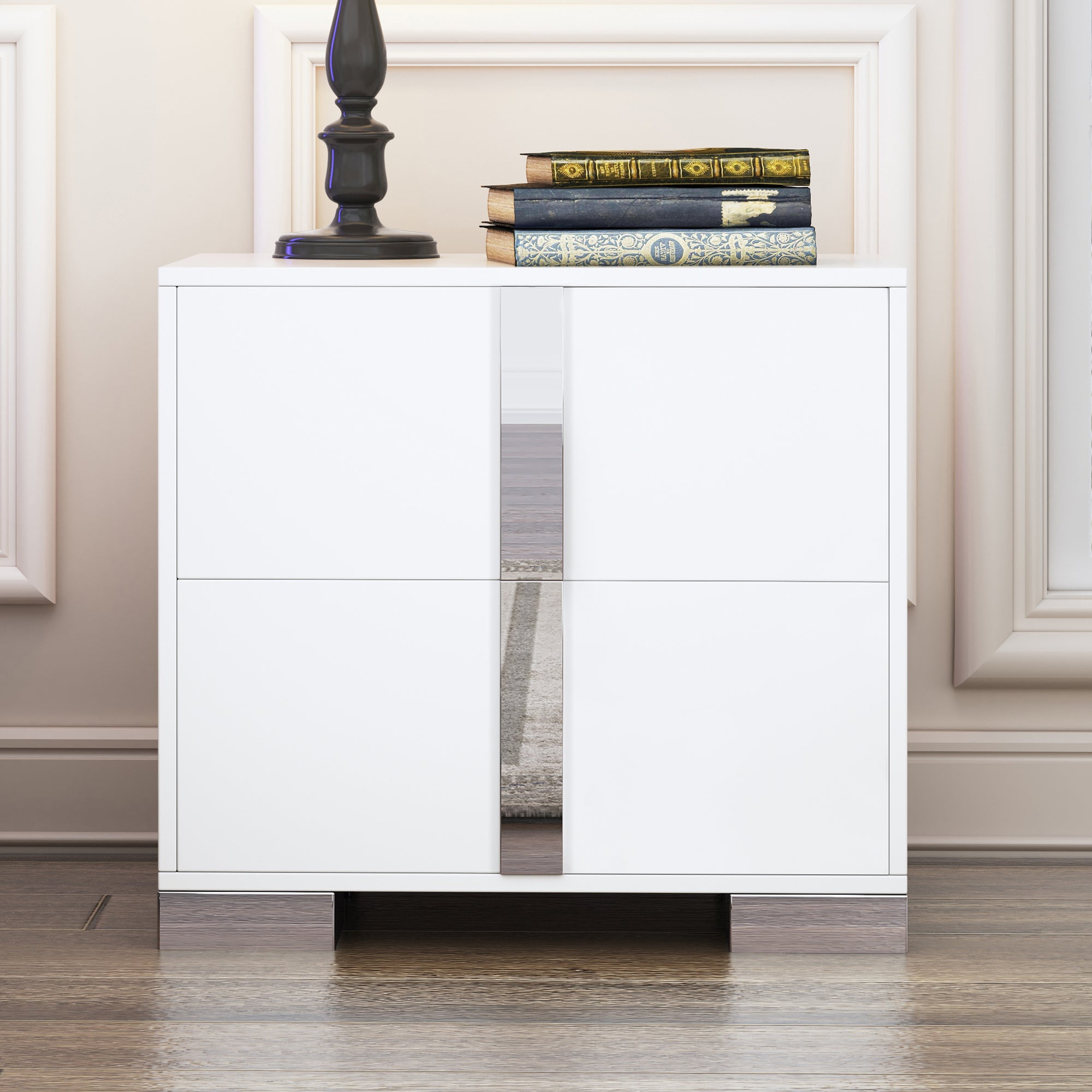 Elegant Nightstand with Metal Foot, Mirrored Bedside Table with 2 Drawers for Bedroom, Living Room, White (Old SKU: WF319353AAK) Main image