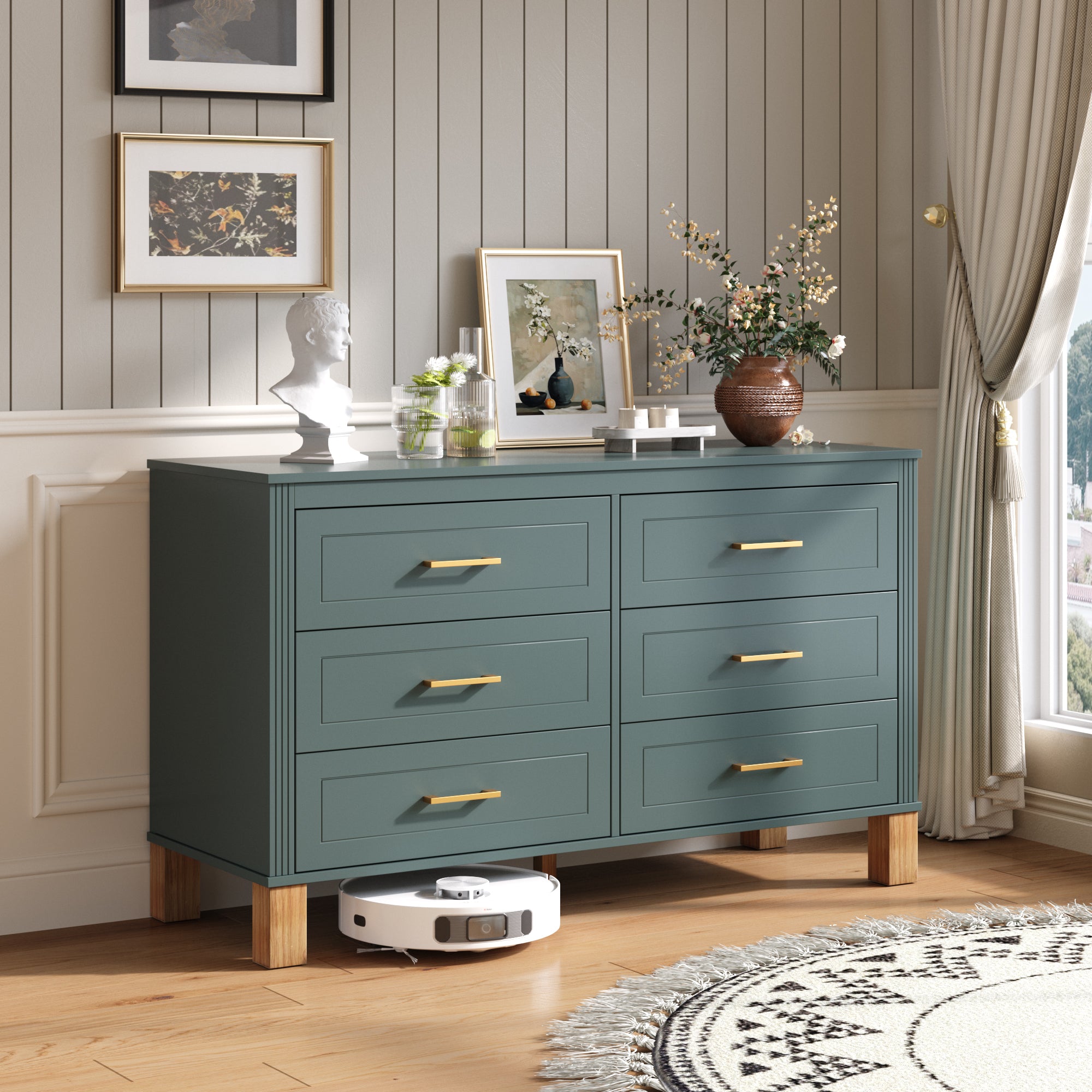 6-Drawer Double Dresser in Blue, Modern Storage Cabinet with Metal Handles & Solid Wood Legs, Dresser Drawer Organizer for Kids Bedroom, Heavy-Duty Wooden Dresser with Pre-Installed Secondary image