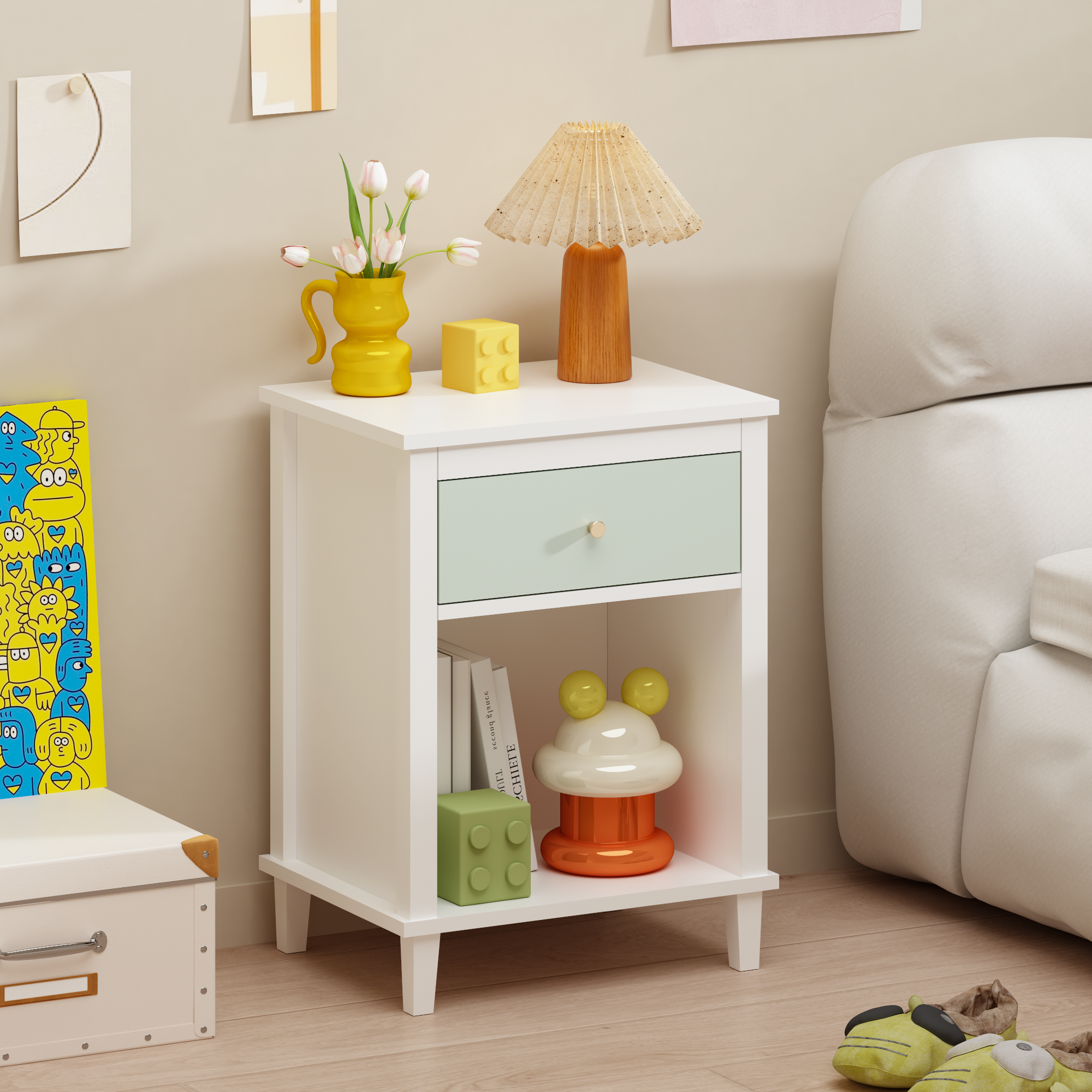 26.77''H Wooden Nightstand with One Drawer One Shelf for Kids, Adults, Sage+Golden handle Main image