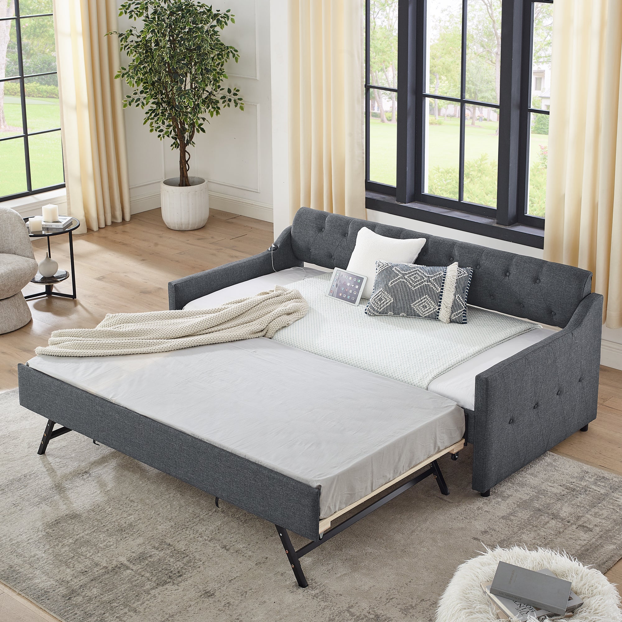 Twin Size Upholstered Daybed with Trundle and USB Charging, Dark Gray Linen Secondary image
