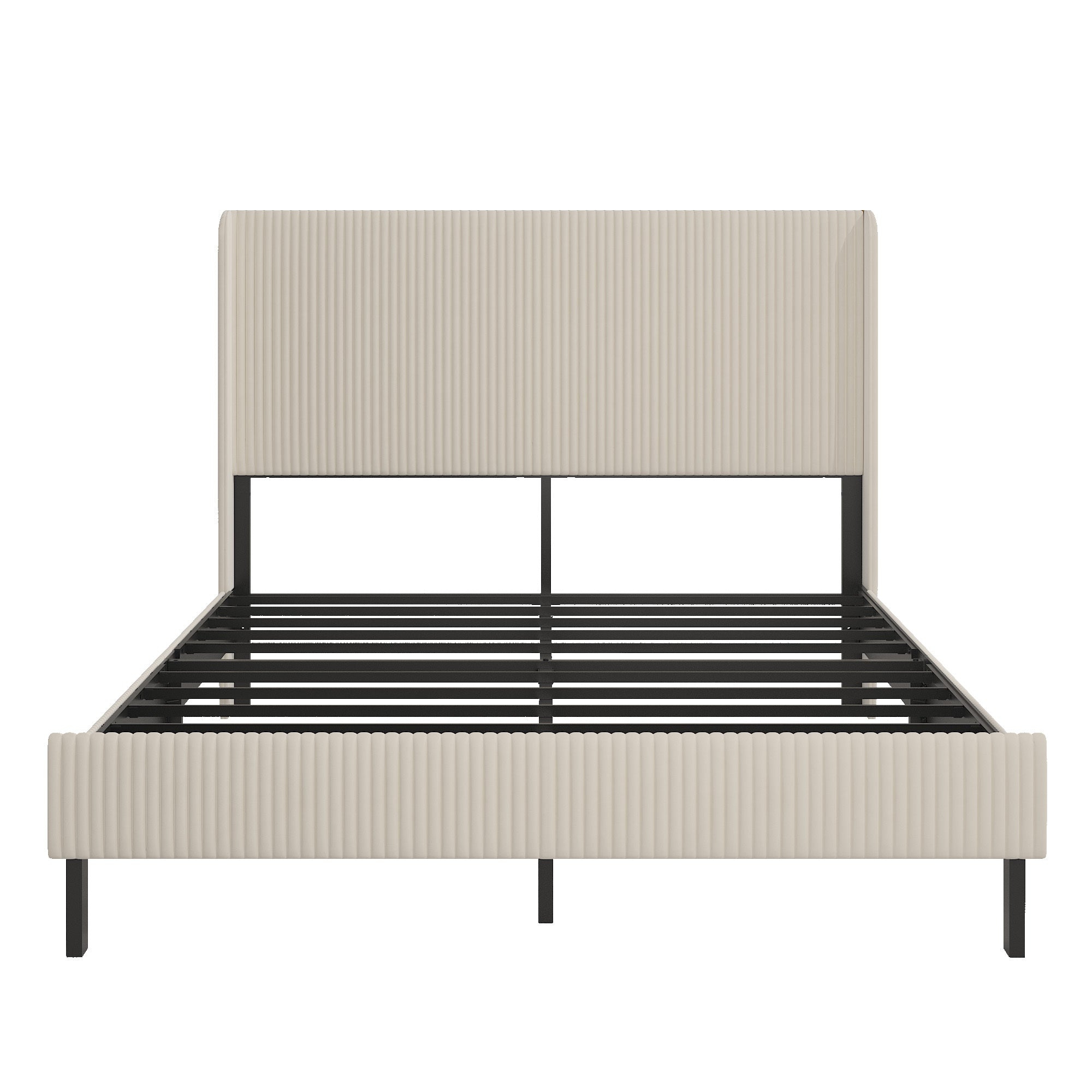 Modern Beige Queen Size Platform Bed with Metal Frame and Charging Station Main image