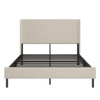 Modern Beige Queen Size Platform Bed with Metal Frame and Charging Station
