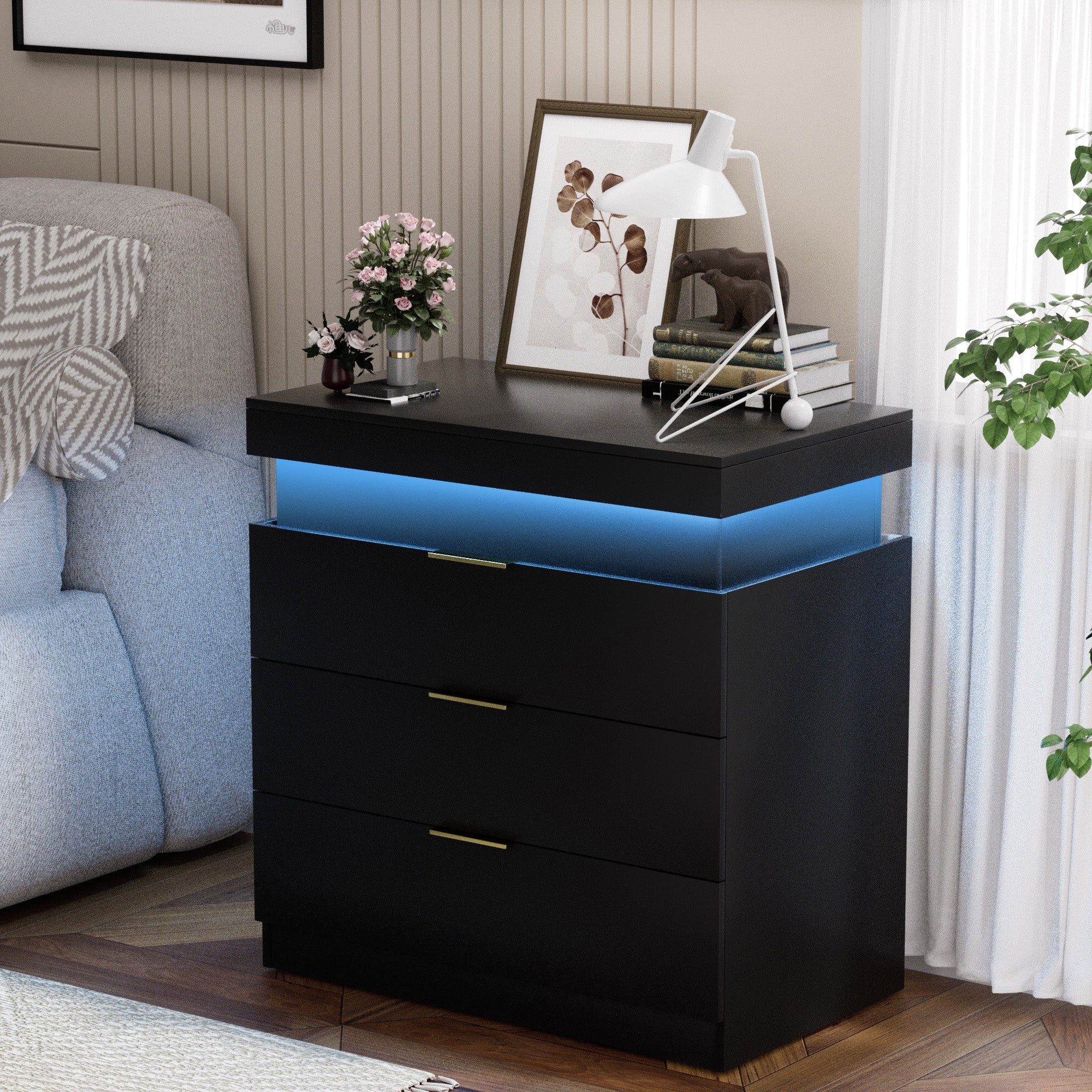 Nightstand with Charging Station and LED Lights,Night Stand with Sliding Top for Bedroom,Bedside Table with Drawers,Modern End Side Table,Black.28.8''W x 17''D x 30.5''H. Main image