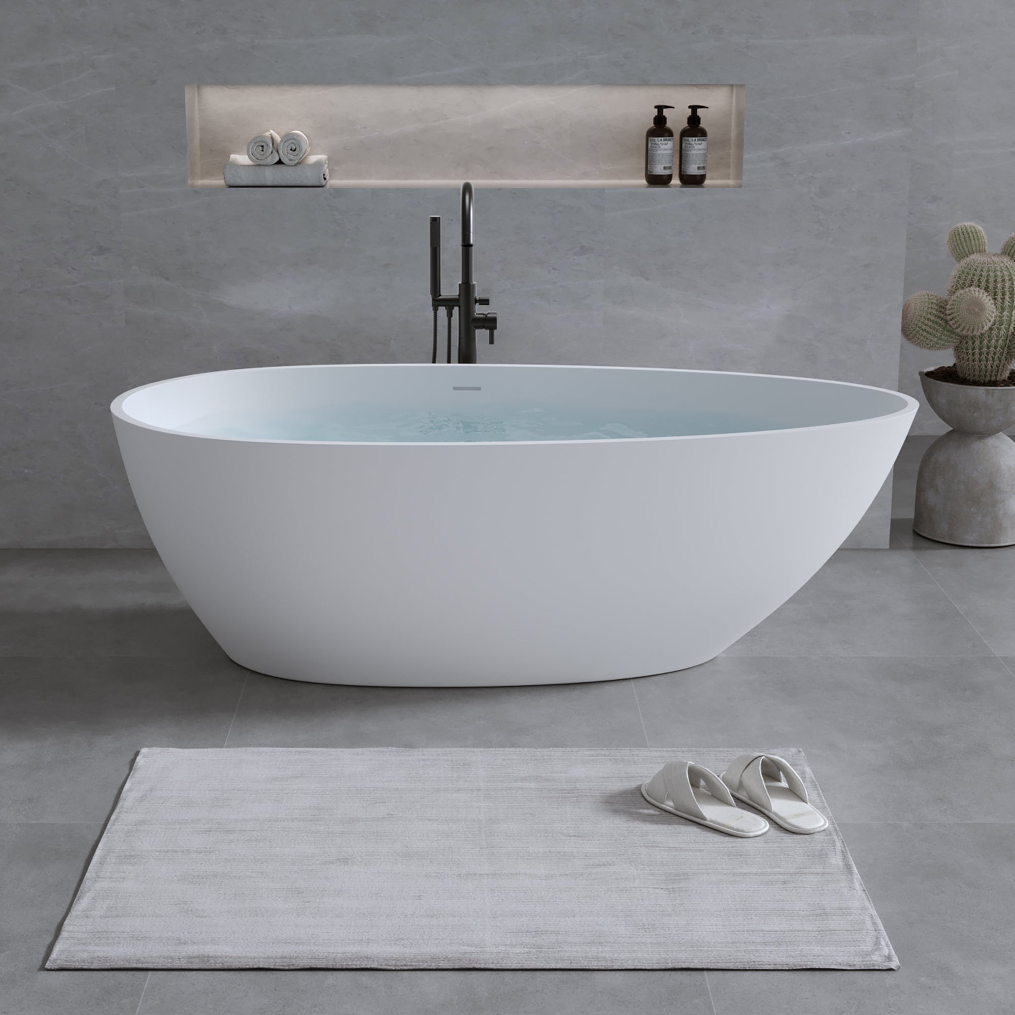 LILYA 59'' Freestanding Solid Surface Resin Stone Bathtub with Overflow and Pop-up Drain, Matte White Secondary image