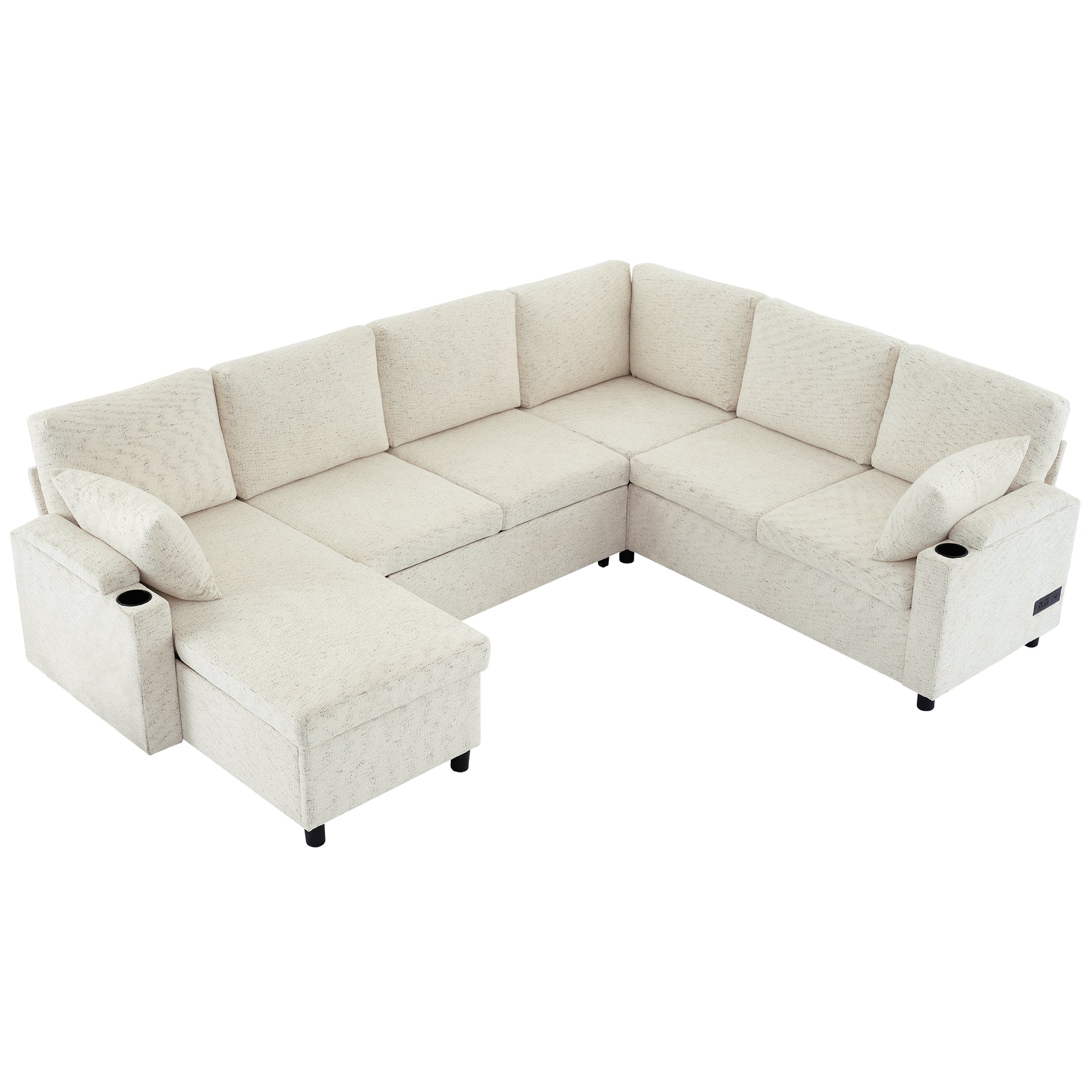 Convertible U-Shaped Sofa Bed with Storage, Cup Holders and Charging Ports, Beige Chenille, 109.9' Main image