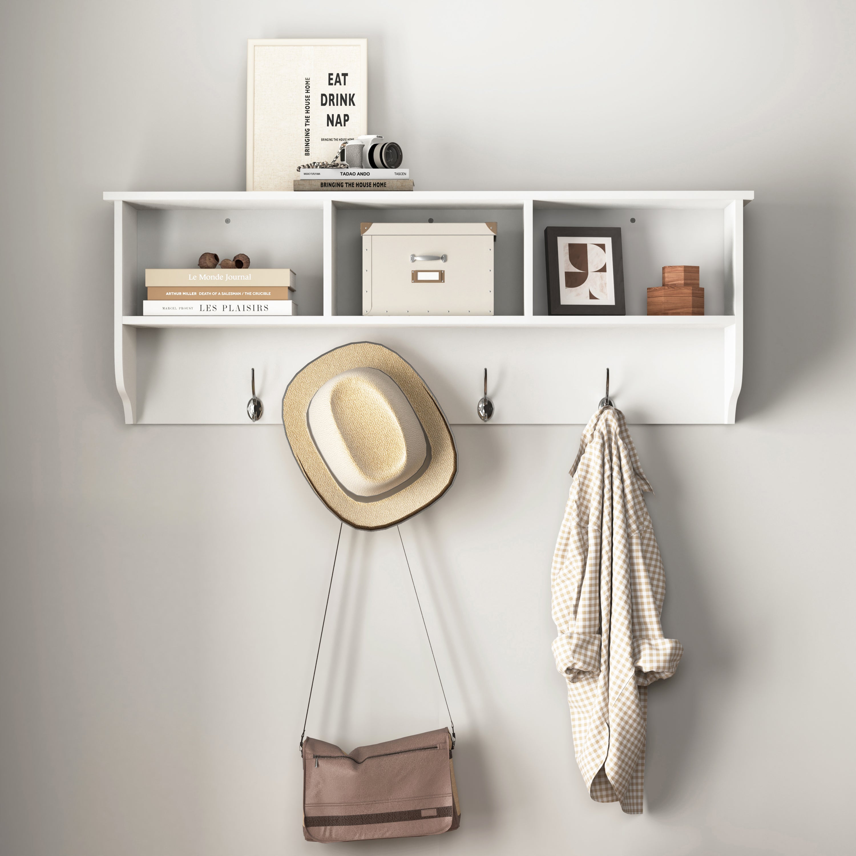 White Entryway Wall Mounted Coat Rack with 4 Dual Hooks Living Room Wooden Storage Shelf Main image