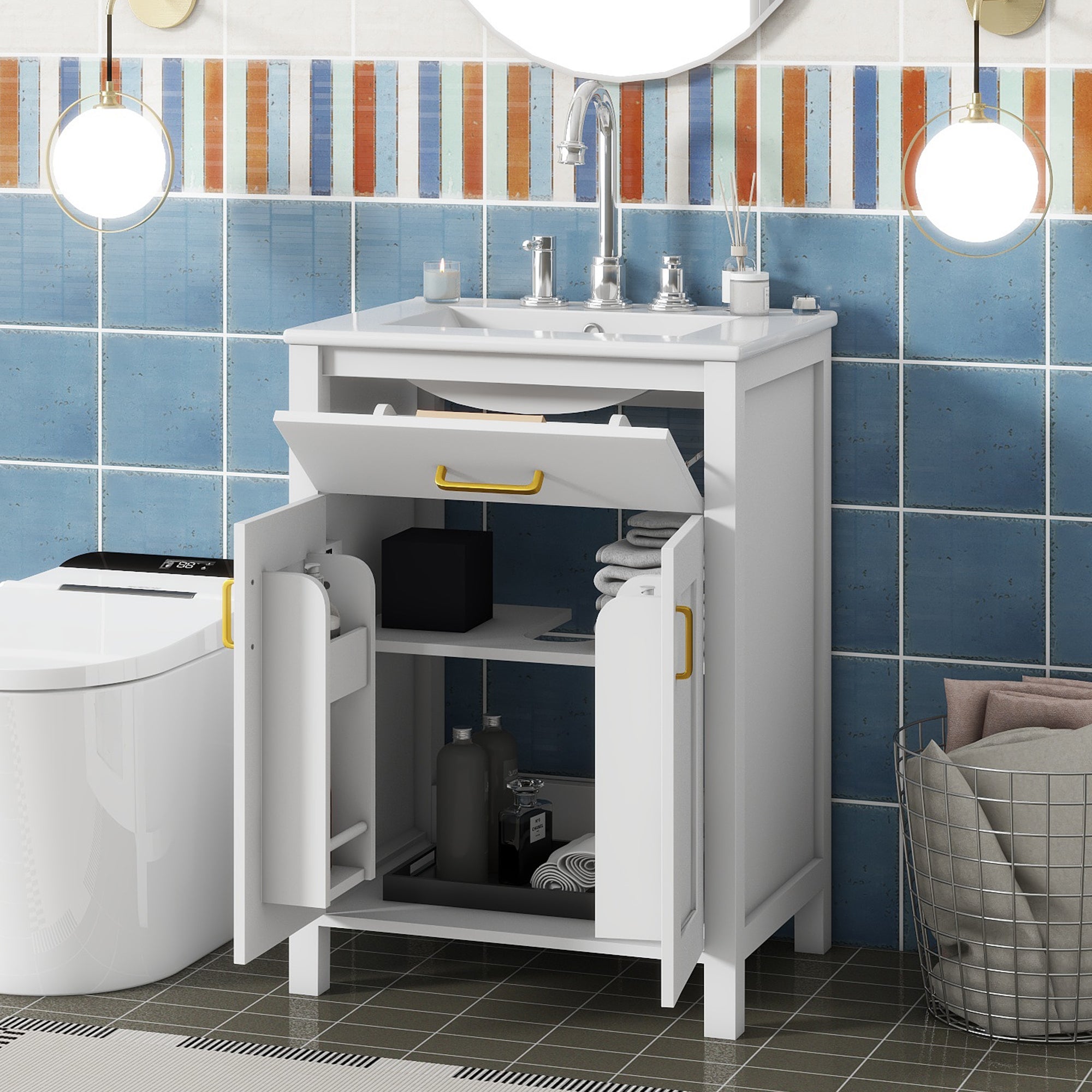 Luxurious Space-Saving 24' Bathroom Vanity Combo with Ceramic Sink, Gold Handles, Solid Wood and MDF, 24.2'W*18.3'D*34'H Secondary image