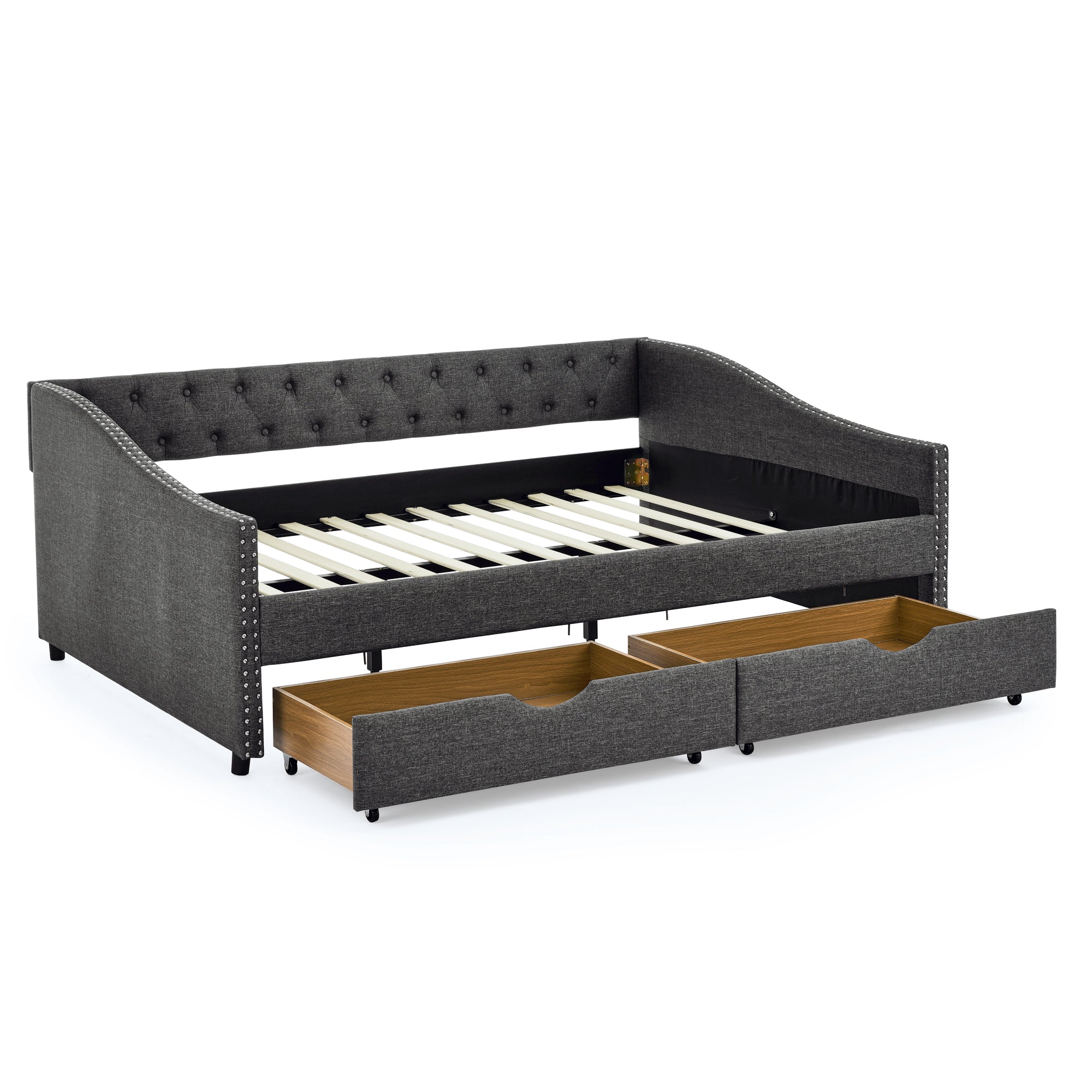 Mid-Century Style Upholstered Daybed with Drawers, Dark Grey Linen Fabric, Button Tufted Back, Copper Nail Trimmed Waved Arms, 80.5''x55.5''x27.5''