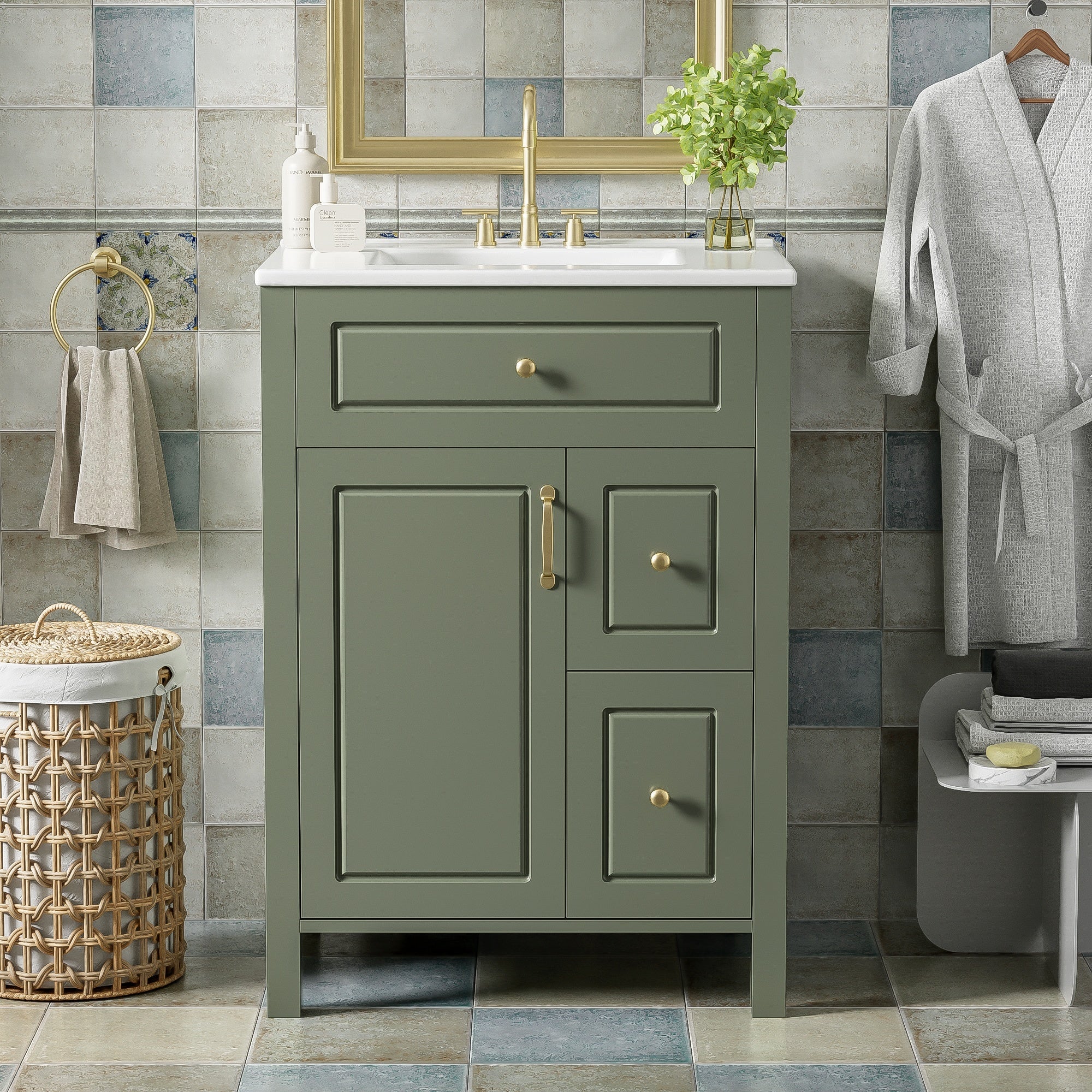 Elegant Bathroom Vanity with Ceramic Sink, Soft Close Storage, and Golden Accents in Solid Wood and MDF, 24-Inch Secondary image