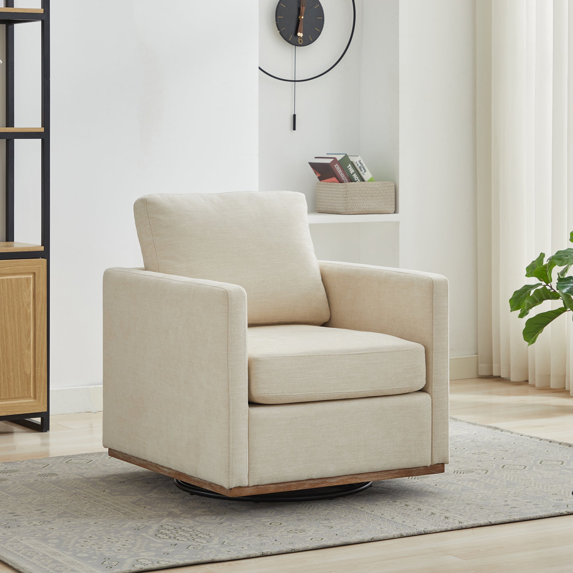Beige Square Upholstered Swivel Accent Chair with Weathered Wooden Base and Metal 360° Swivel Mechanism, 30.7'W Living Room Bedroom Lounge Chair Secondary image