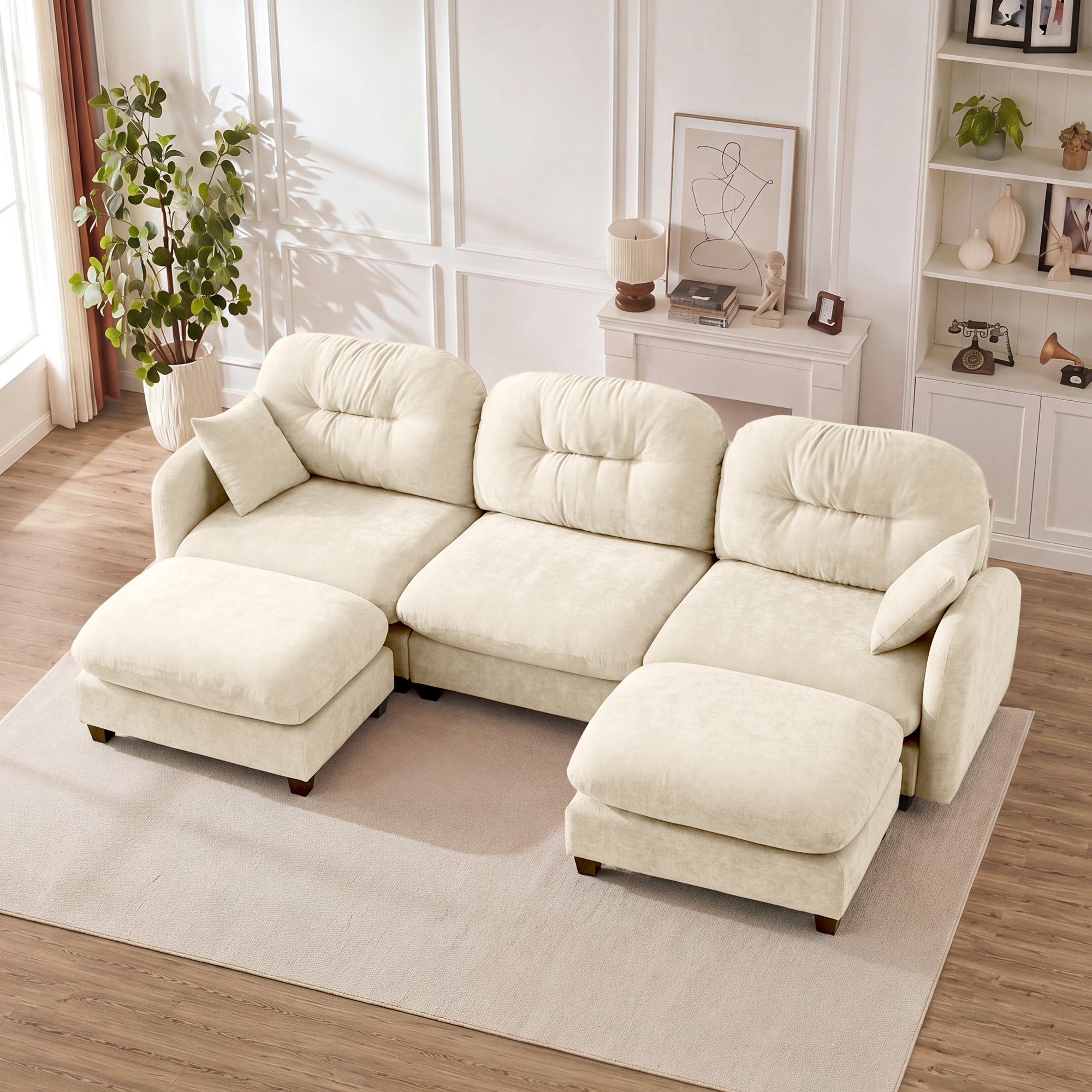 Modular Sectional U Shaped Couch With Ottoman,Premium Chenille Fabric,With 2 Throw Pillows,High-Density Foam  Quilted Pleated Design,Easy Install,Fits Bedrooms,Reading Nooks,Beige Main image