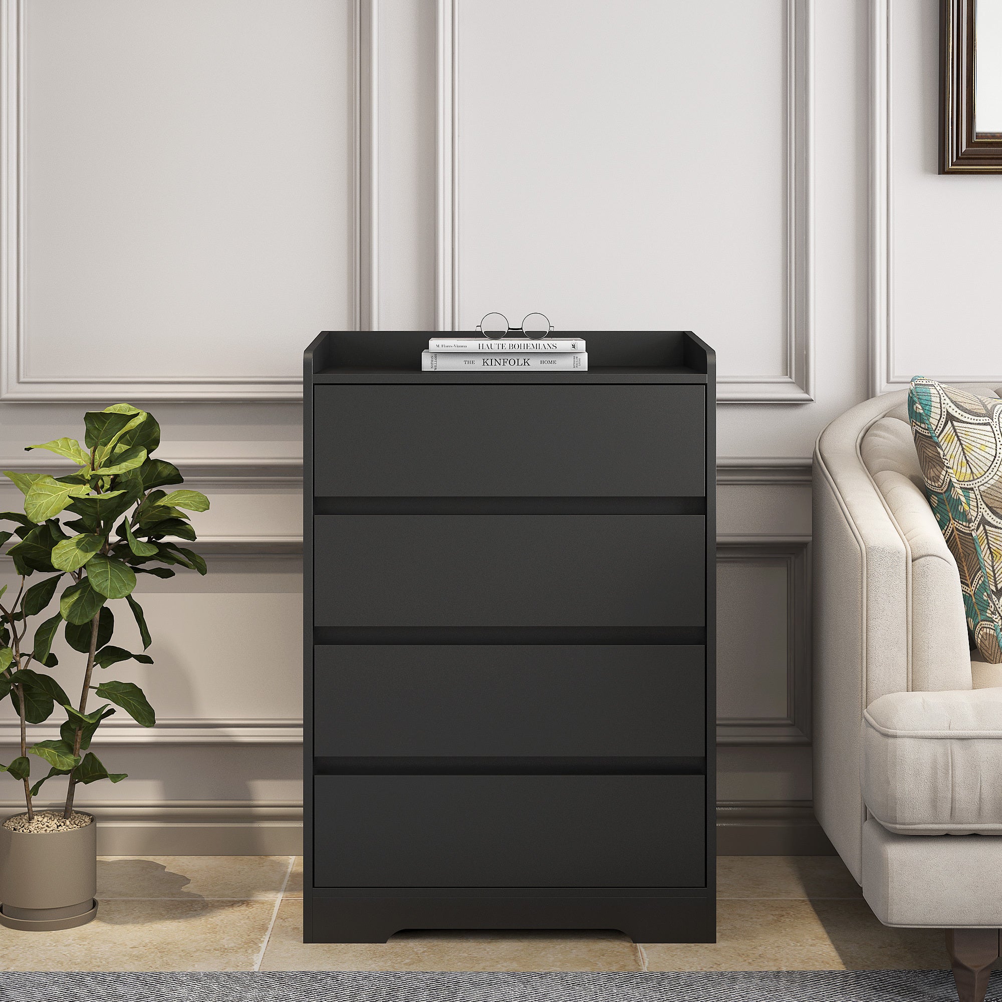 4 Drawer Dresser, Chest of Drawers Without Handle,Black Dresser for Bedroom 100% Waterproof, Modern Wooden Cabinet with Sturdy Frame for Living Room, Entryway, Bedroom, Hallway, Office Main image