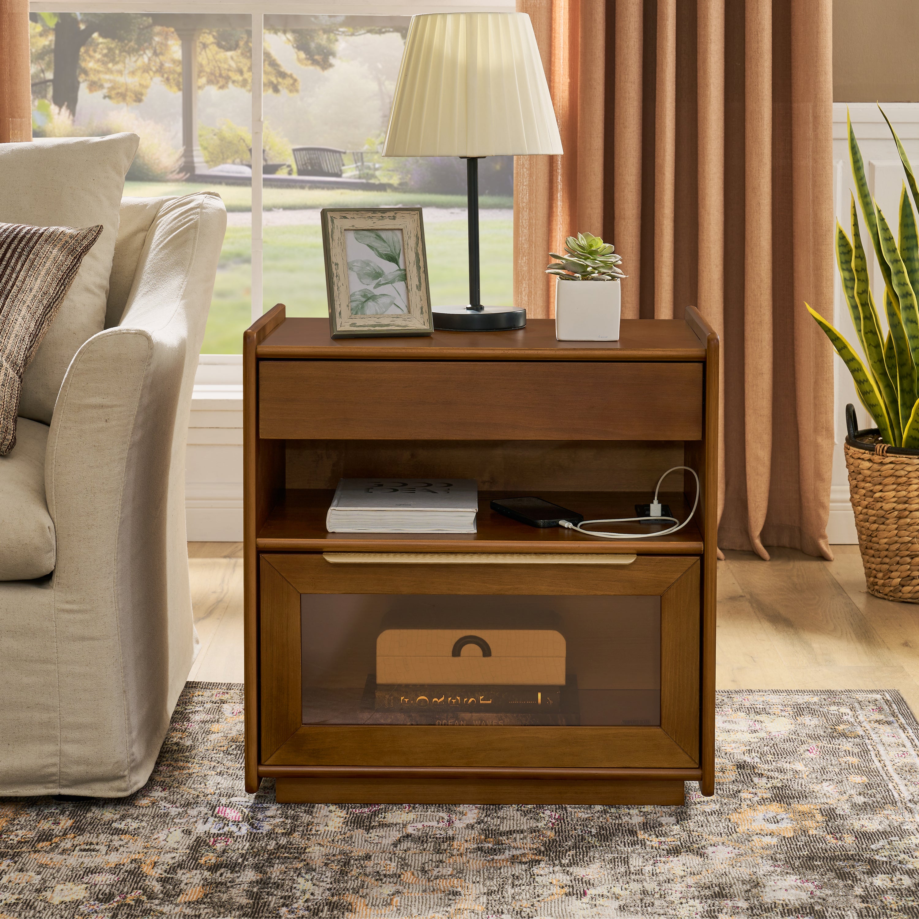 Mid Century Modern Nightstand with Charging Station & Outlet Hole & 2 Drawers, Farmhouse End Table with Open Shelf & Glass Drawer Dresser, Side Cabinet for Living Room Reception Room Dorm, Dark Walnut Main image