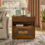 Mid Century Modern Nightstand with Charging Station & Outlet Hole & 2 Drawers, Farmhouse End Table with Open Shelf & Glass Drawer Dresser, Side Cabinet for Living Room Reception Room Dorm, Dark Walnut