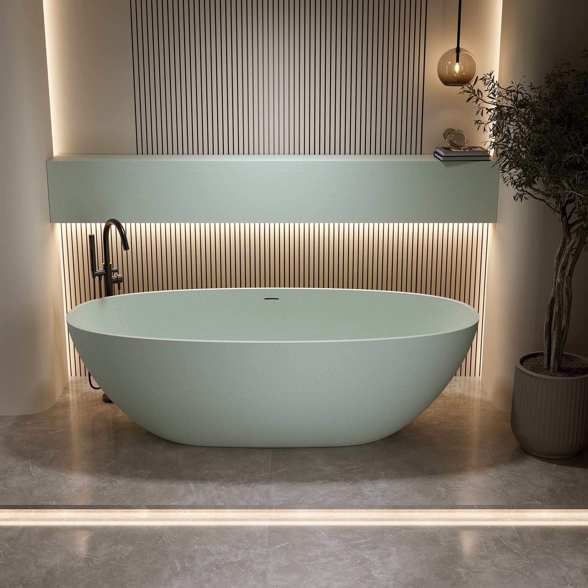 55' Freestanding Bathtub Resin Stone Soaking Bathtub Solid Surface Modern Tubs with Overflow and Pop-up Drain Main image