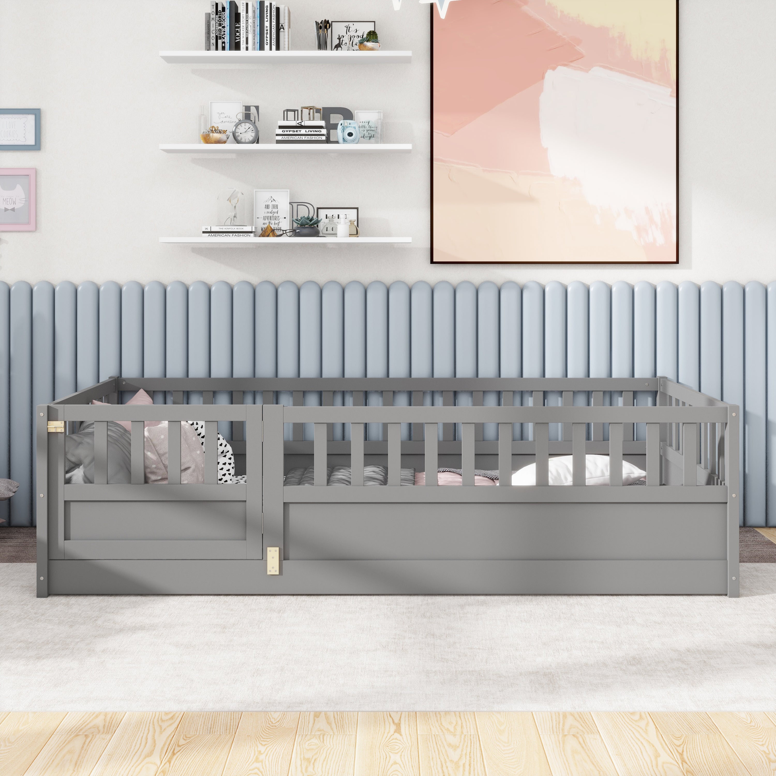 Twin Size Floor bed, integral construction with super high security barrier, door, children's floor bed frame, Montessori wooden children's floor bed,  Grey(Patented model) Main image