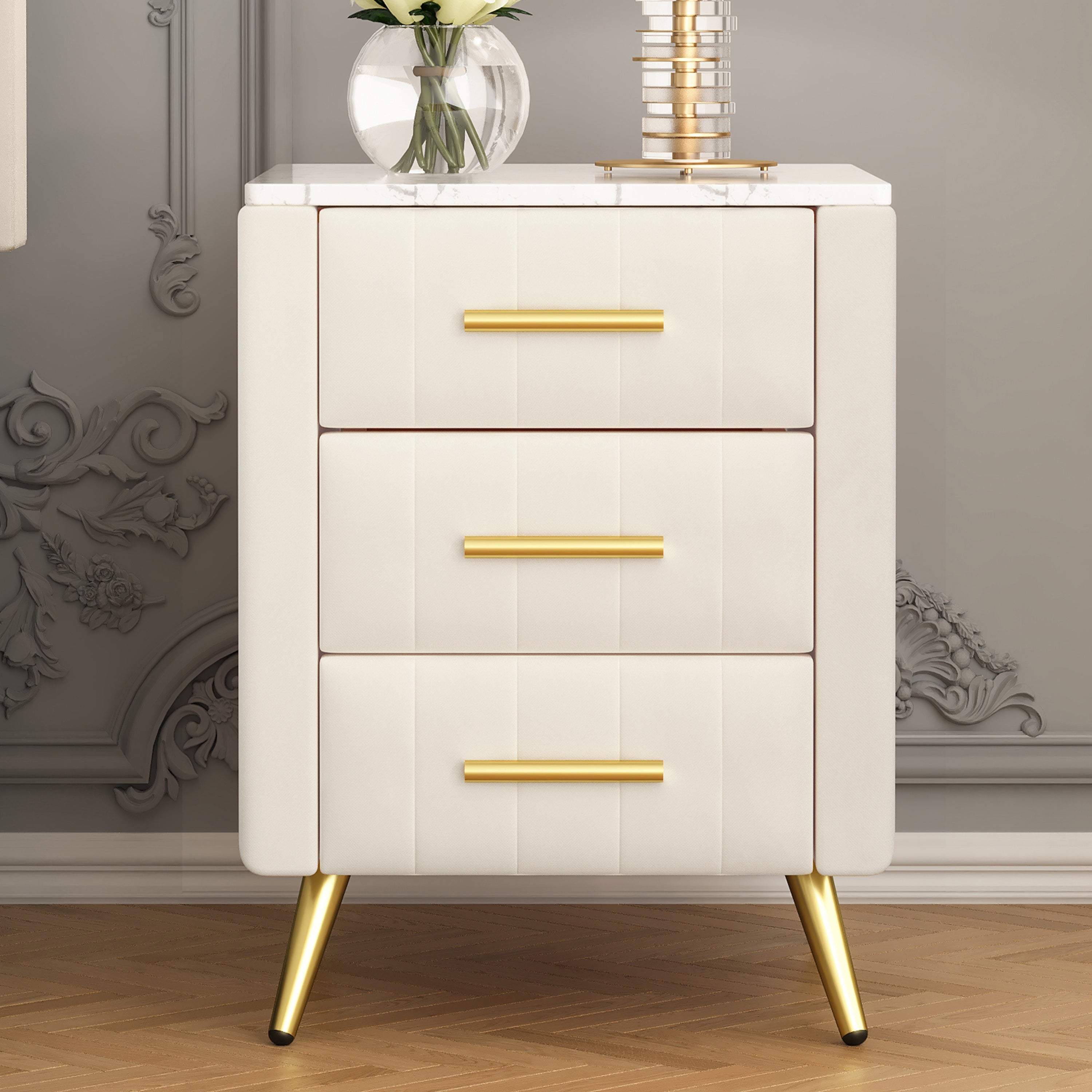 Upholstered Wooden Nightstand with 3 Drawers and Metal Legs&Handles, Bedside Table with Marbling Stickers Worktop - Beige Secondary image