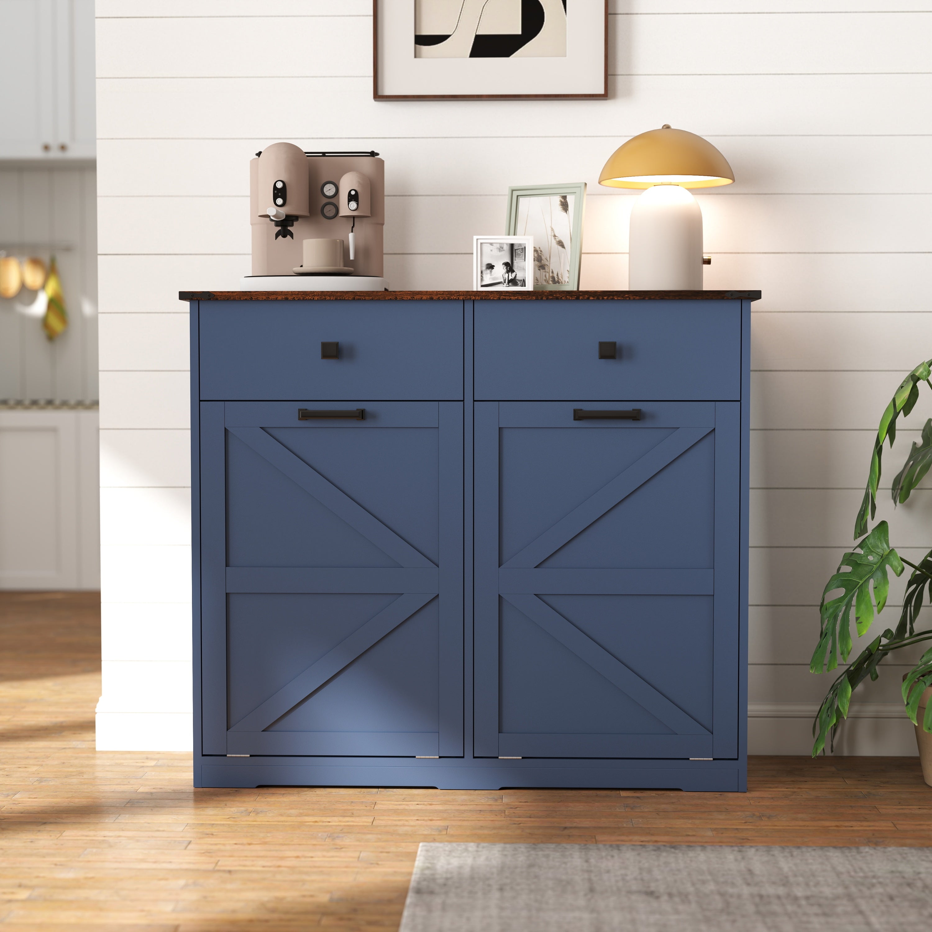 Farmhouse Blue Double Tilt Out Trash Cabinet for 20 Gallon Trash Cans, Free Standing Recycling Cabinet with Hideaway Drawer, Barn Door Style Laundry Sorter Cabinet, Tilt Out Trash Cabinet for Kitchen Secondary image